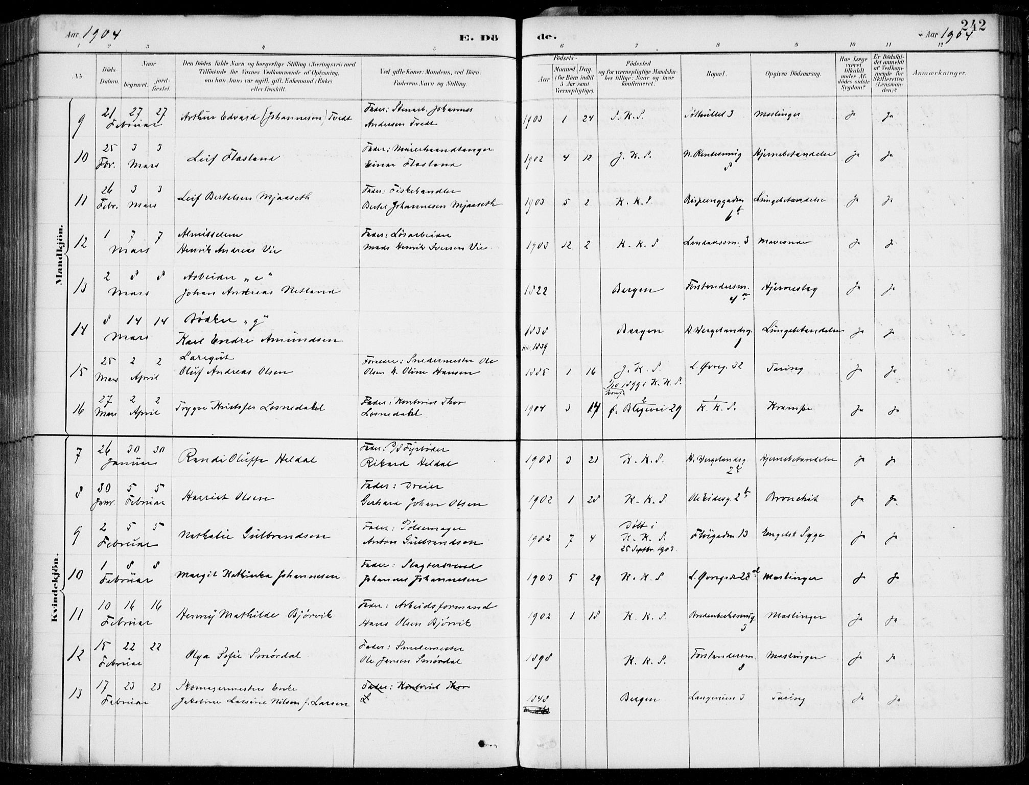 Korskirken sokneprestembete, AV/SAB-A-76101/H/Hab: Klokkerbok nr. E 4, 1884-1910, s. 242