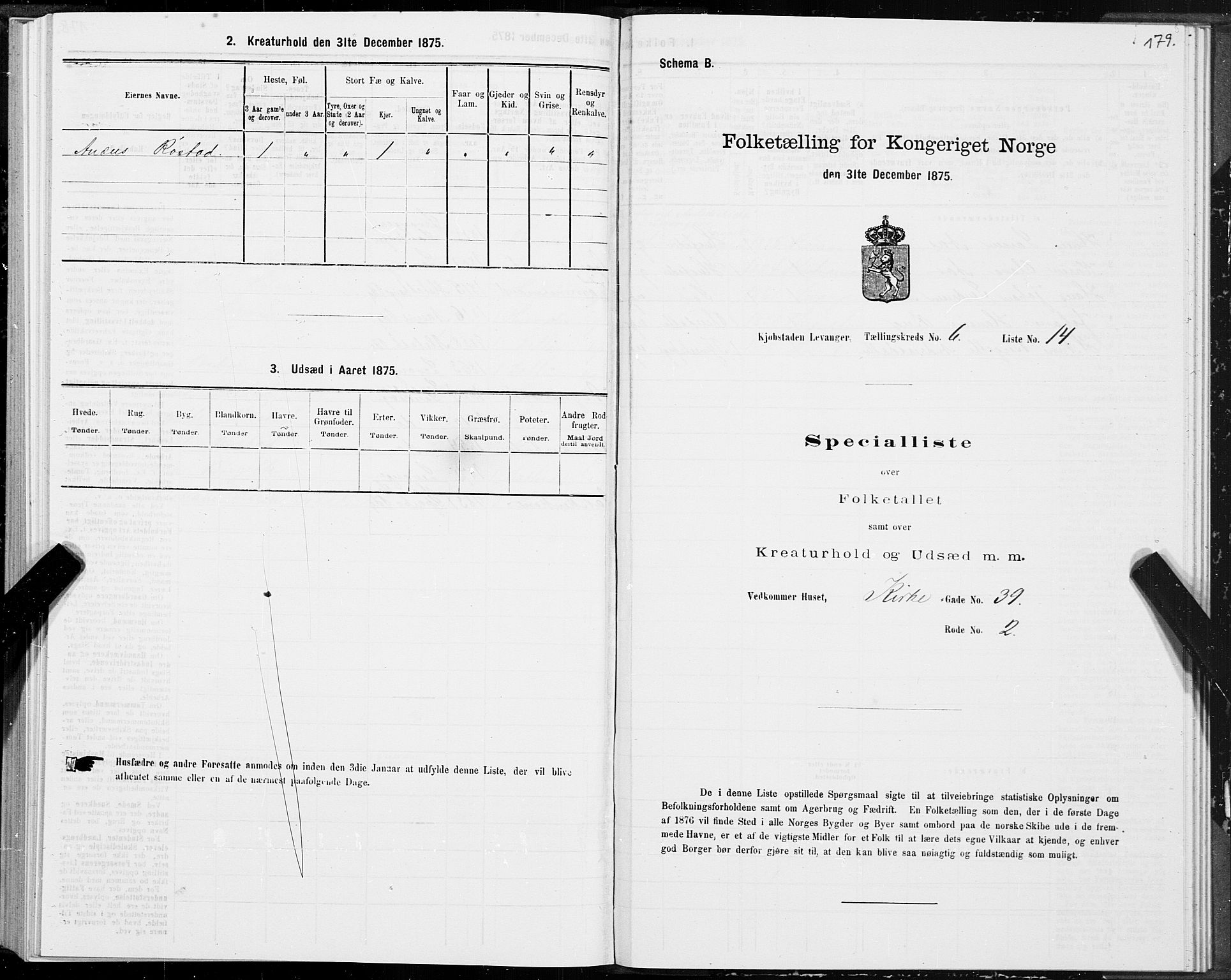 SAT, Folketelling 1875 for 1701B Levanger prestegjeld, Levanger kjøpstad, 1875, s. 179