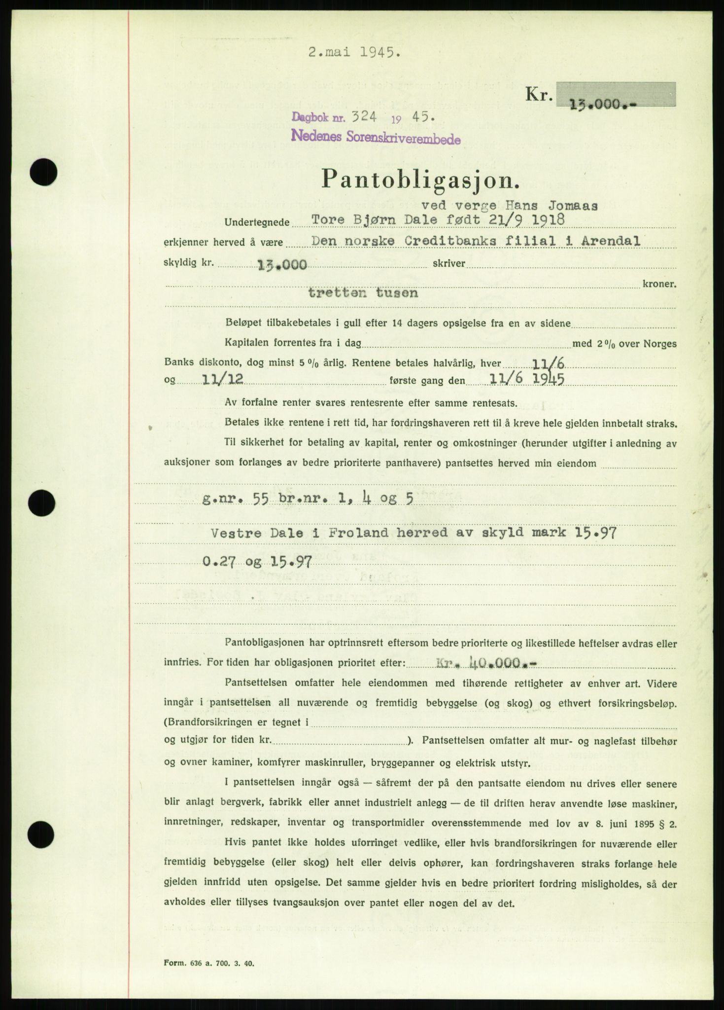 Nedenes sorenskriveri, SAK/1221-0006/G/Gb/Gbb/L0002: Pantebok nr. II, 1942-1945, Dagboknr: 324/1945