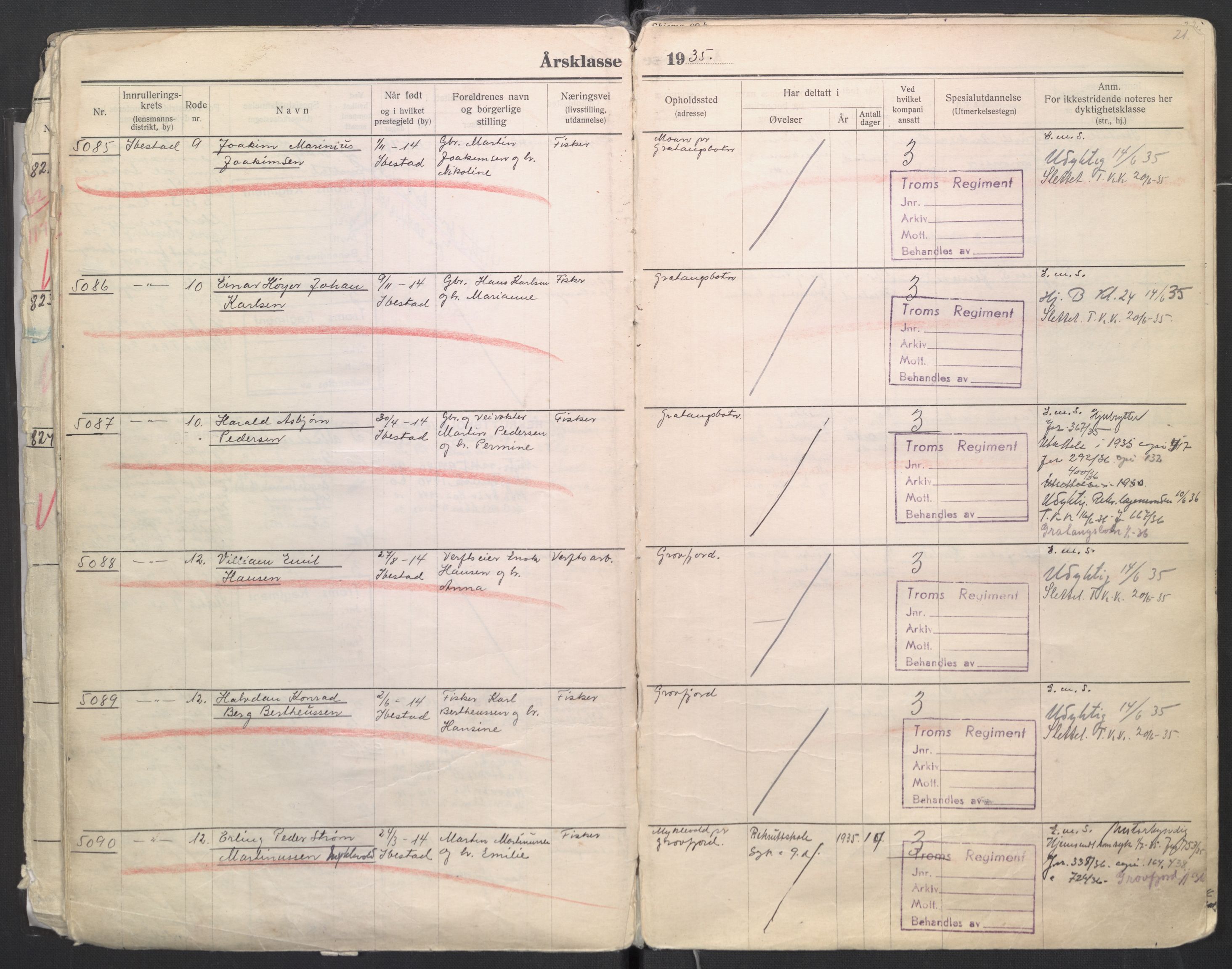 Forsvaret, Troms infanteriregiment nr. 16, AV/RA-RAFA-3146/P/Pa/L0006/0008: Ruller / Rulle for regimentets menige mannskaper, årsklasse 1935, 1935, s. 21