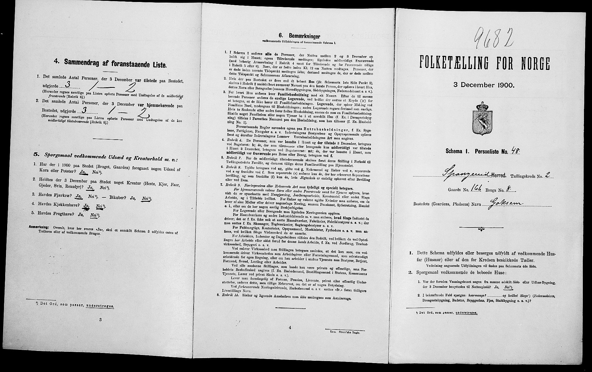 SAK, Folketelling 1900 for 1030 Spangereid herred, 1900, s. 364
