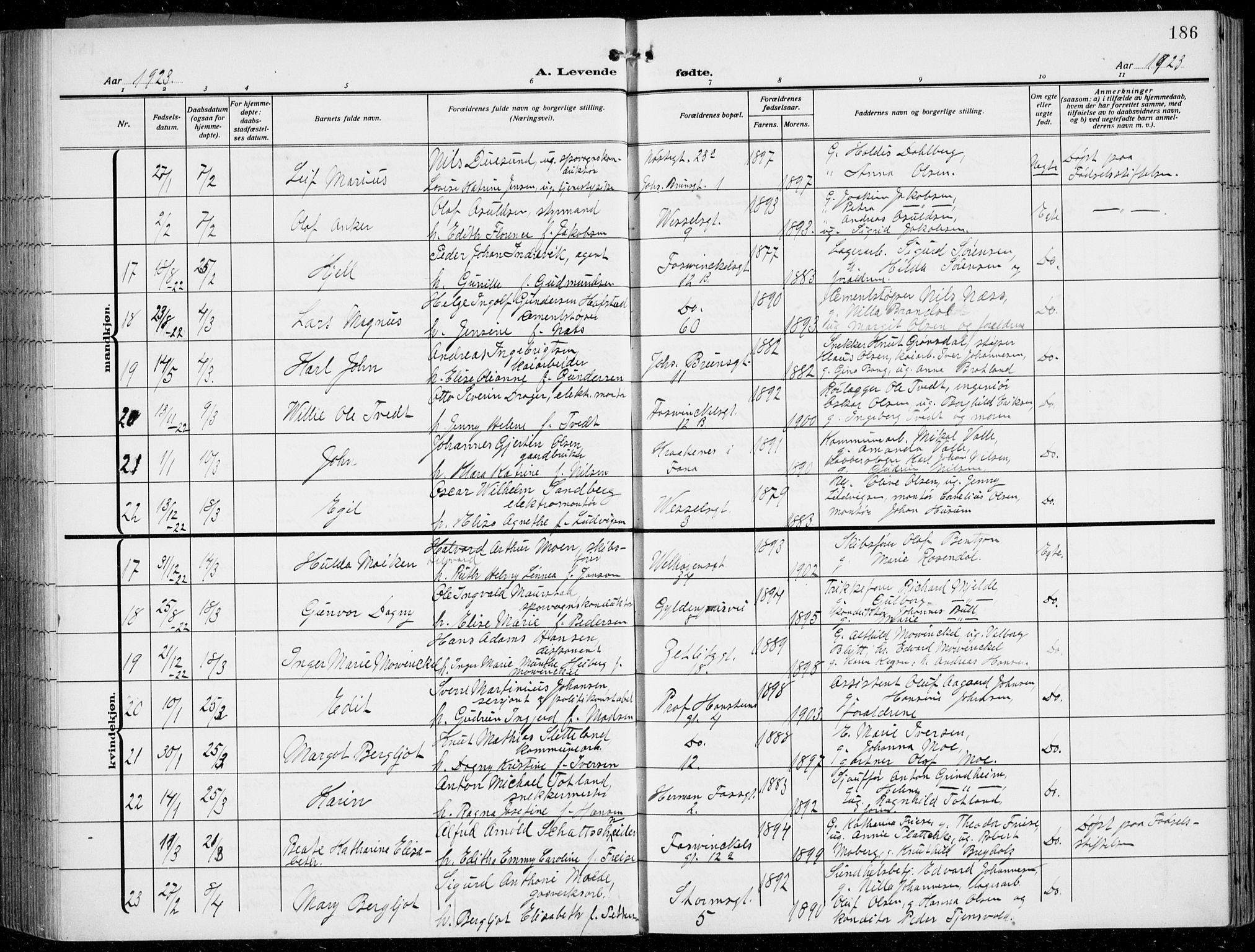 Johanneskirken sokneprestembete, AV/SAB-A-76001/H/Hab: Klokkerbok nr. A 3, 1913-1934, s. 186