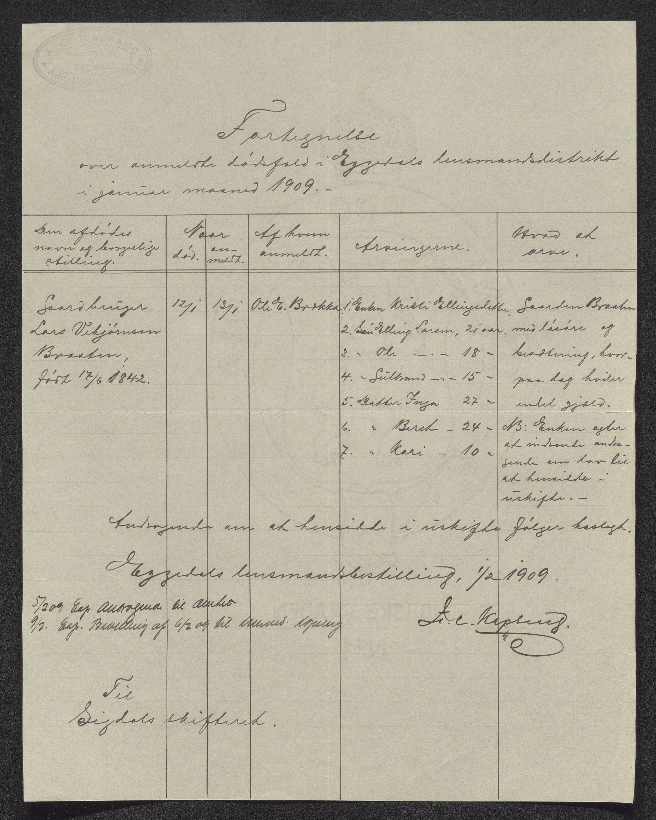 Eiker, Modum og Sigdal sorenskriveri, AV/SAKO-A-123/H/Ha/Hab/L0033: Dødsfallsmeldinger, 1909-1910, s. 383