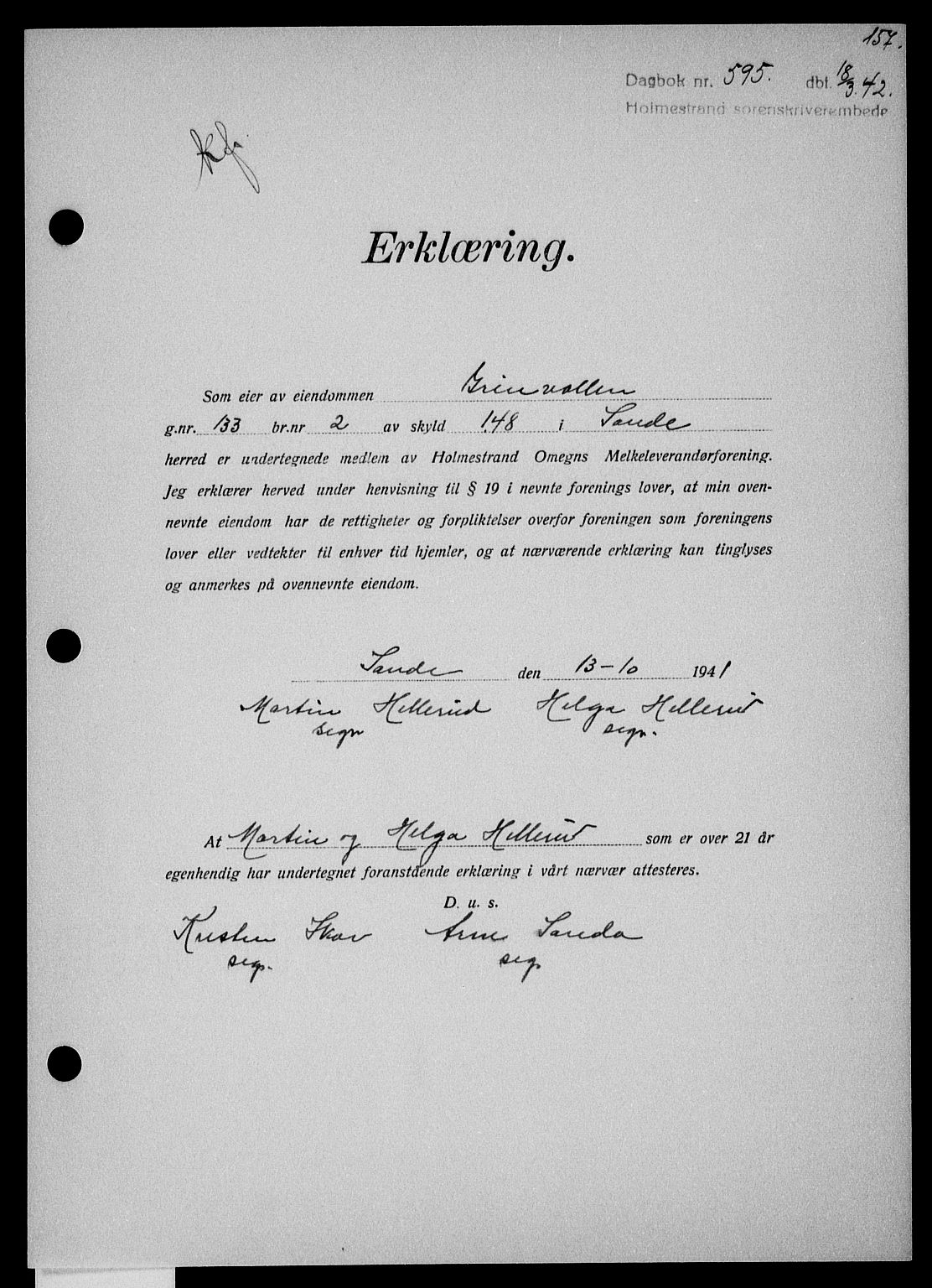 Holmestrand sorenskriveri, SAKO/A-67/G/Ga/Gaa/L0055: Pantebok nr. A-55, 1942-1942, Dagboknr: 595/1942
