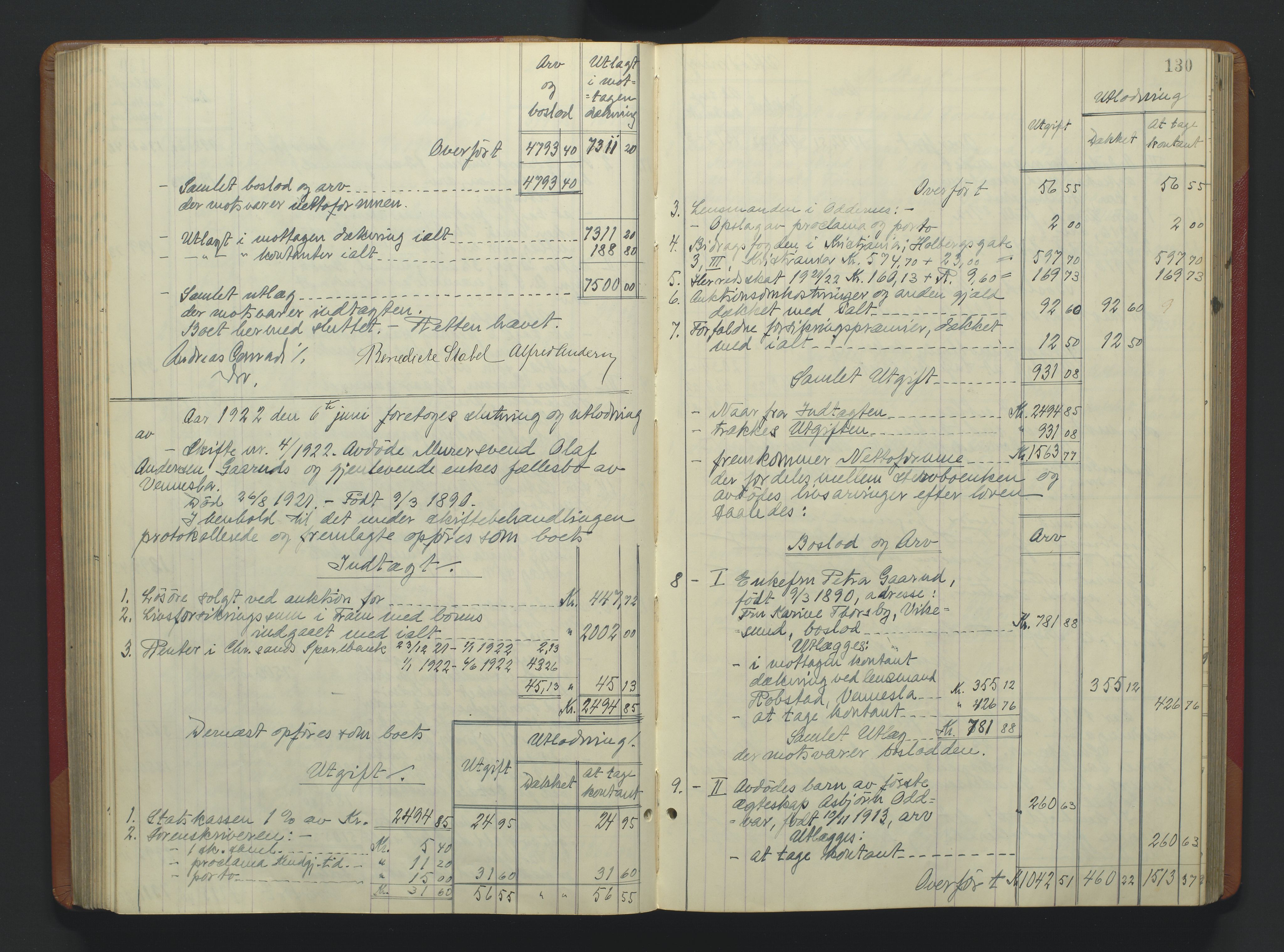 Torridal sorenskriveri, AV/SAK-1221-0012/H/Hc/L0037: Skifteutlodningsprotokoll med navneregister nr. 6, 1918-1927, s. 130