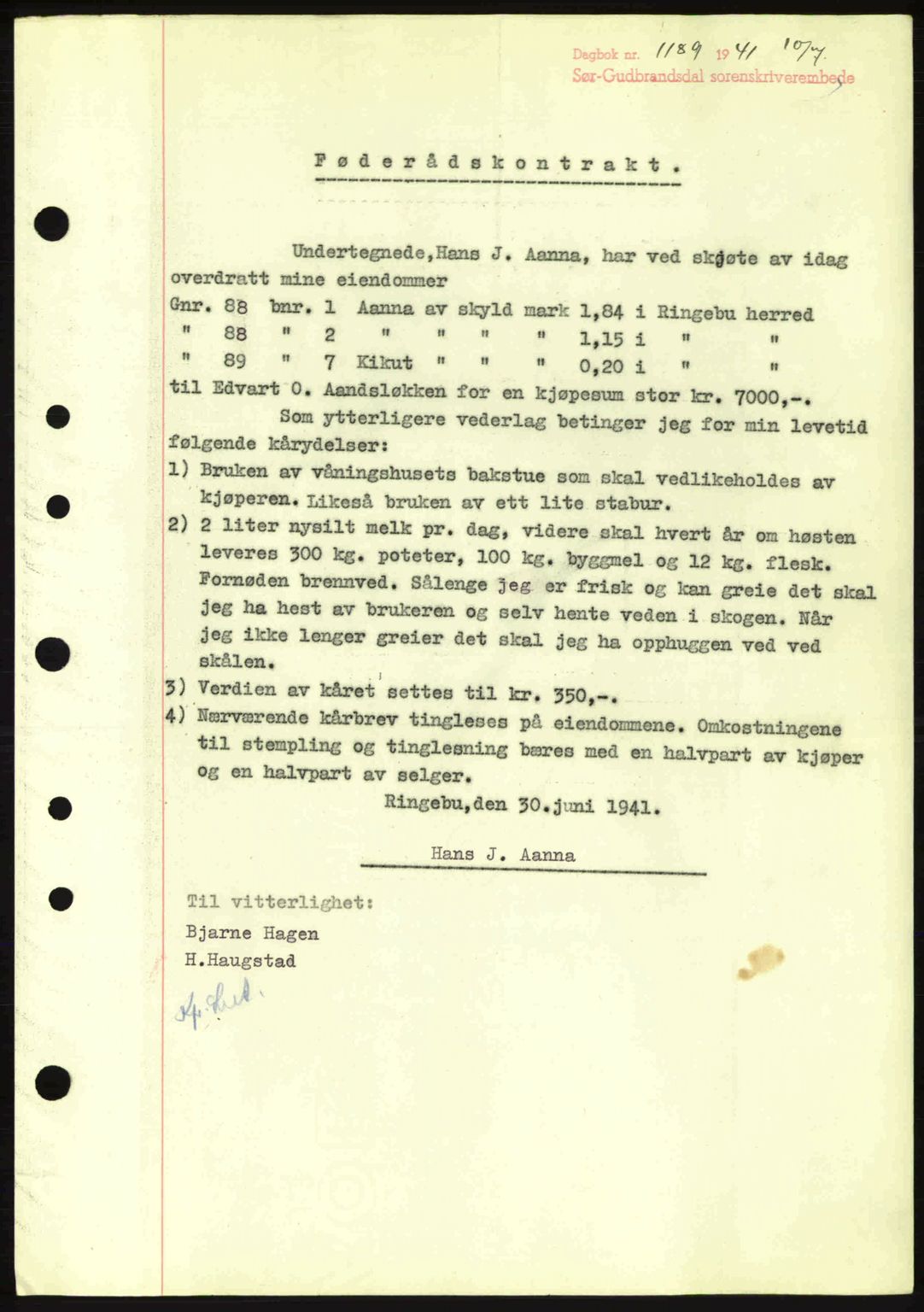 Sør-Gudbrandsdal tingrett, SAH/TING-004/H/Hb/Hbe/L0002: Pantebok nr. B2, 1939-1943, Dagboknr: 1189/1941