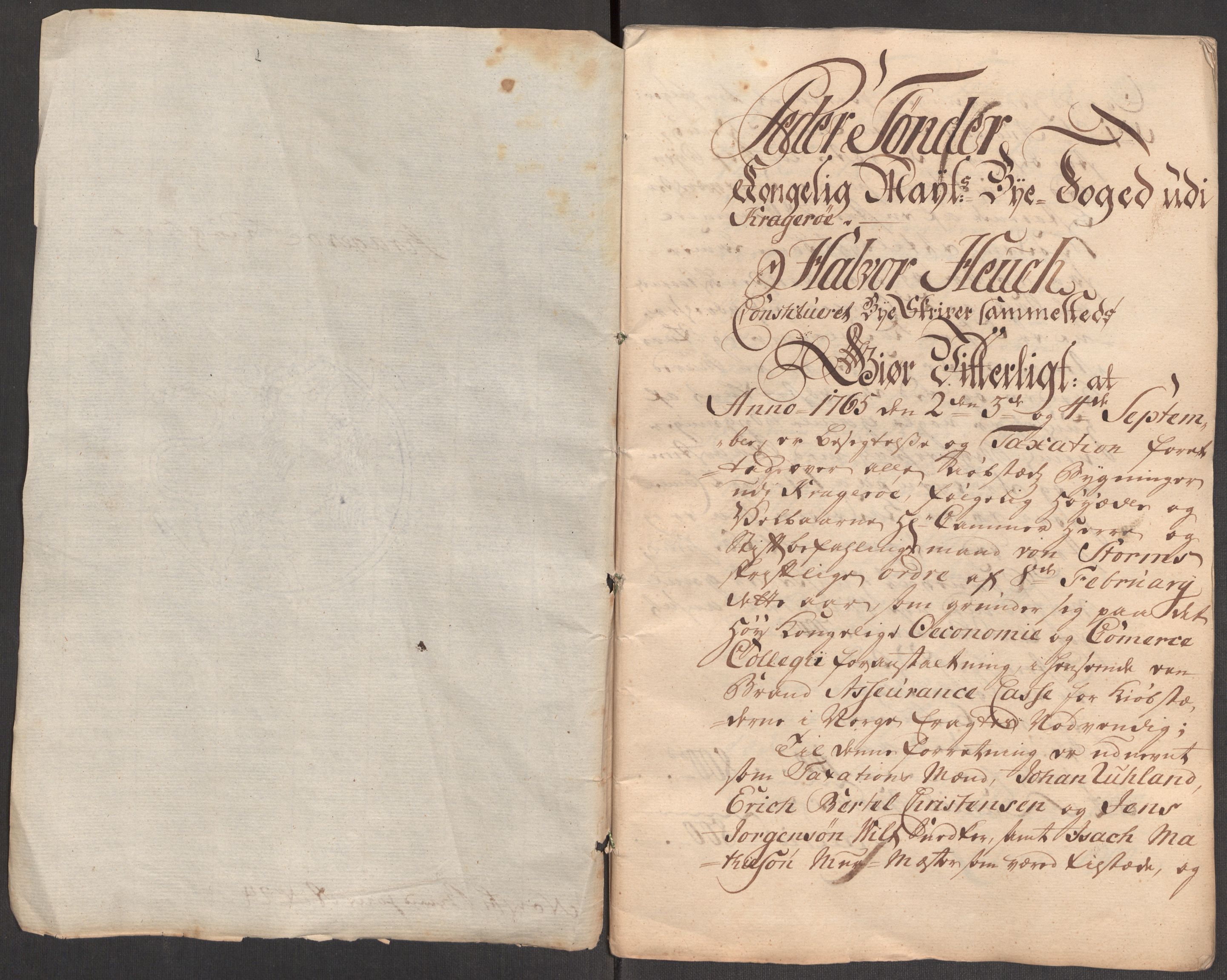 Kommersekollegiet, Brannforsikringskontoret 1767-1814, AV/RA-EA-5458/F/Fa/L0032/0001: Kragerø / Branntakstprotokoll, 1765