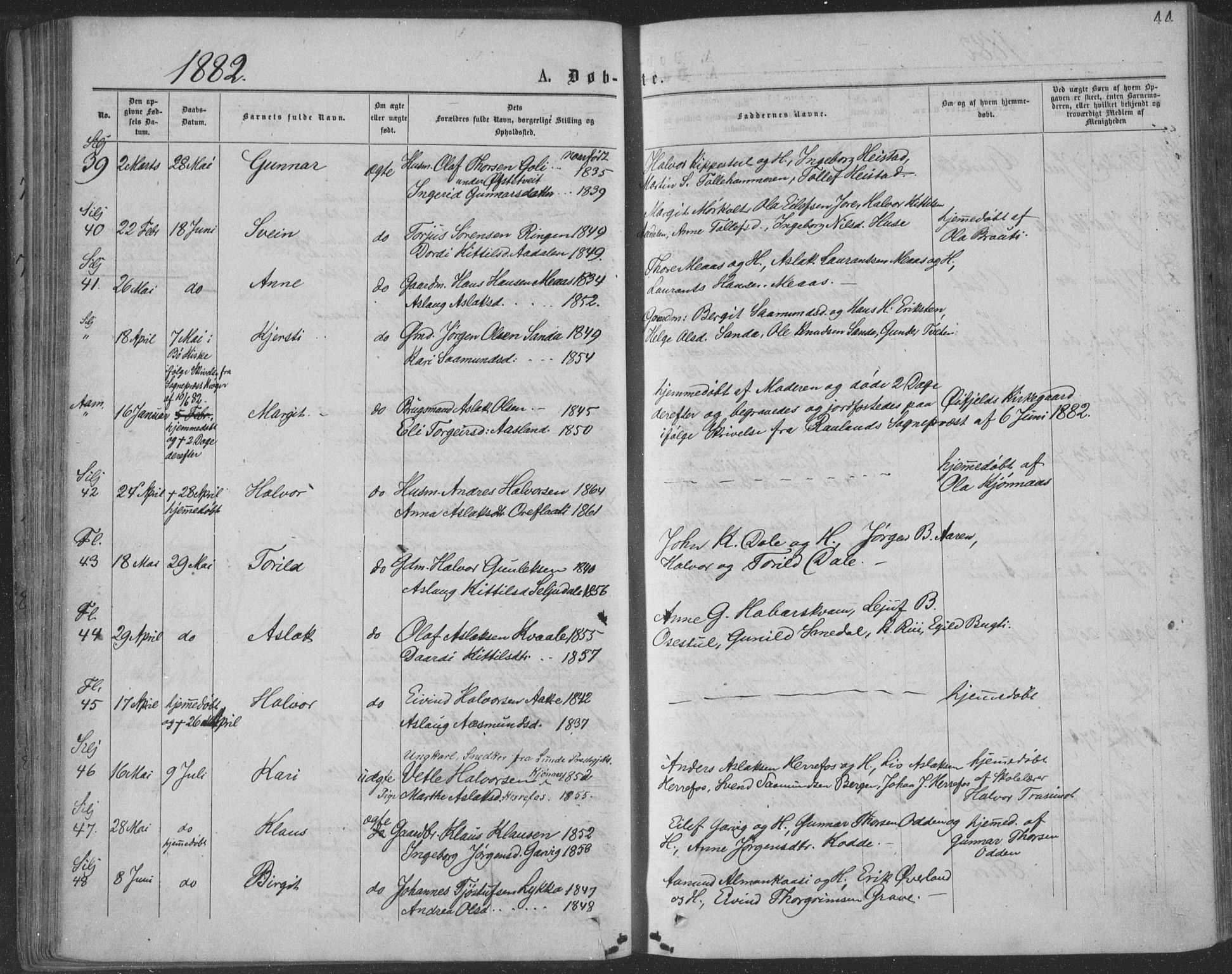 Seljord kirkebøker, AV/SAKO-A-20/F/Fa/L0014: Ministerialbok nr. I 14, 1877-1886, s. 44