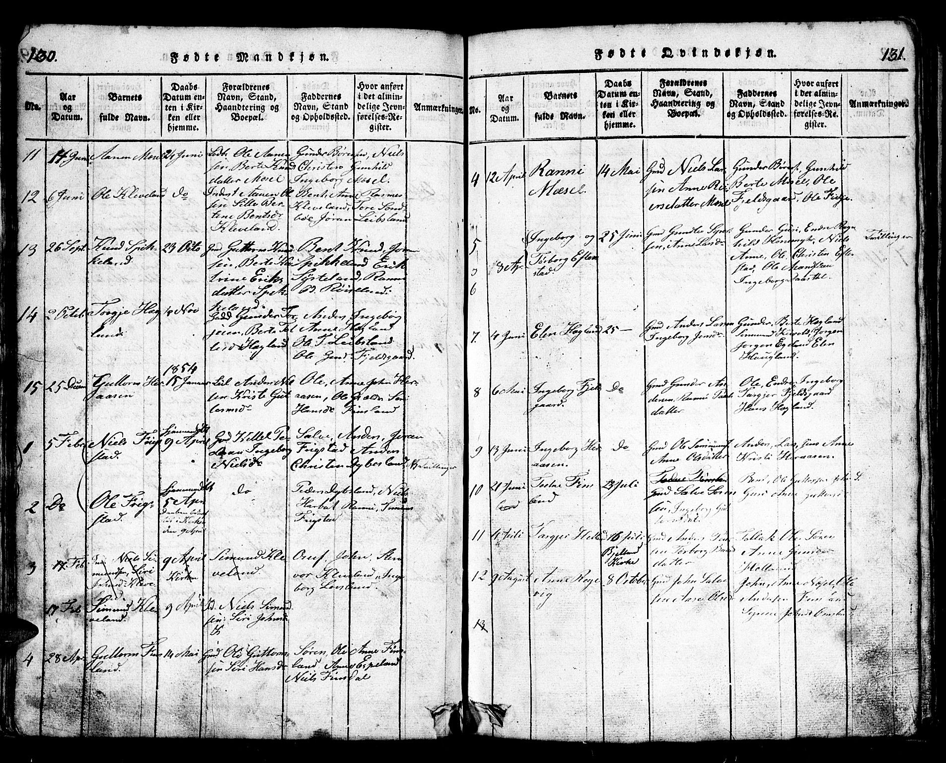 Bjelland sokneprestkontor, SAK/1111-0005/F/Fb/Fbb/L0003: Klokkerbok nr. B 3, 1816-1868, s. 130-131