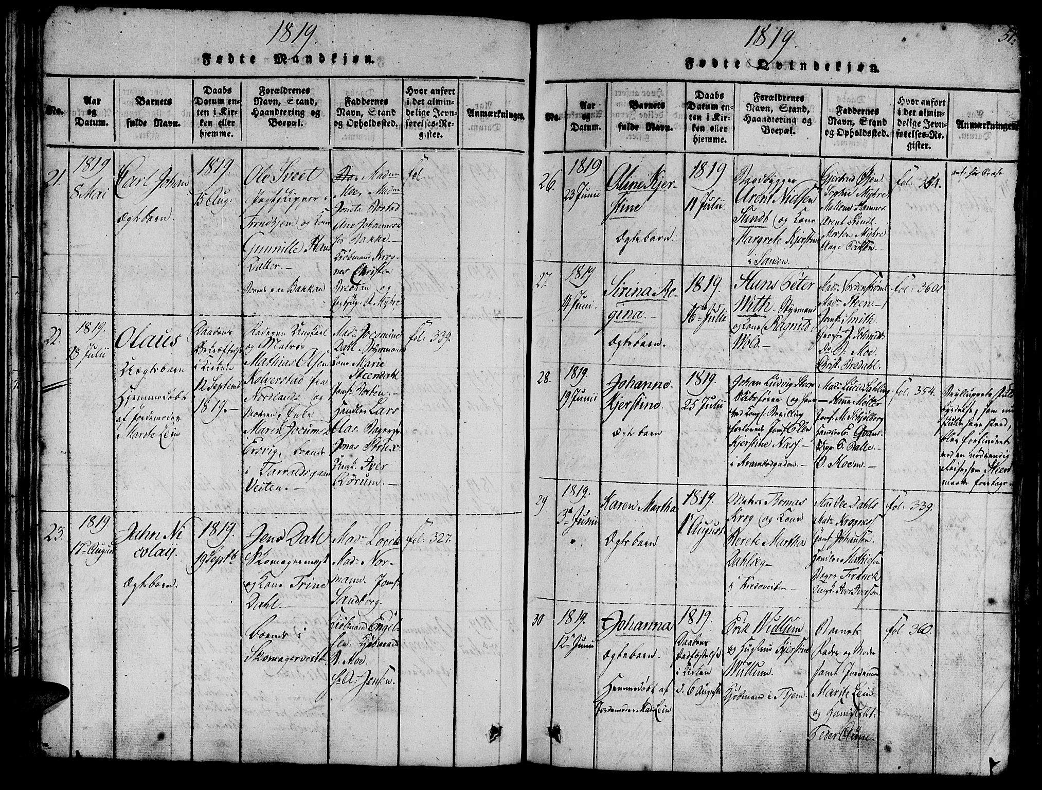 Ministerialprotokoller, klokkerbøker og fødselsregistre - Sør-Trøndelag, SAT/A-1456/602/L0135: Klokkerbok nr. 602C03, 1815-1832, s. 51