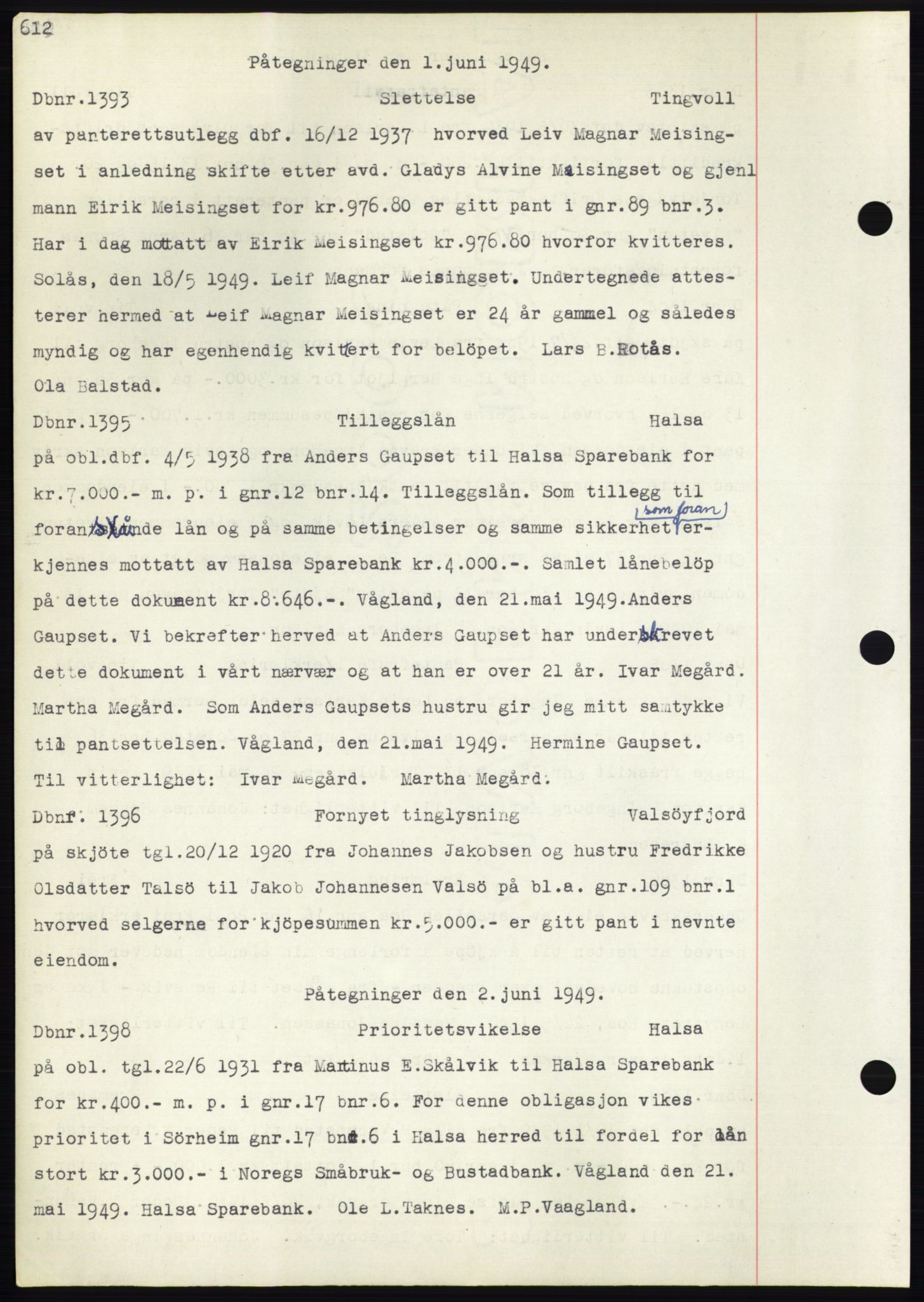 Nordmøre sorenskriveri, SAT/A-4132/1/2/2Ca: Pantebok nr. C82b, 1946-1951, Dagboknr: 1393/1949