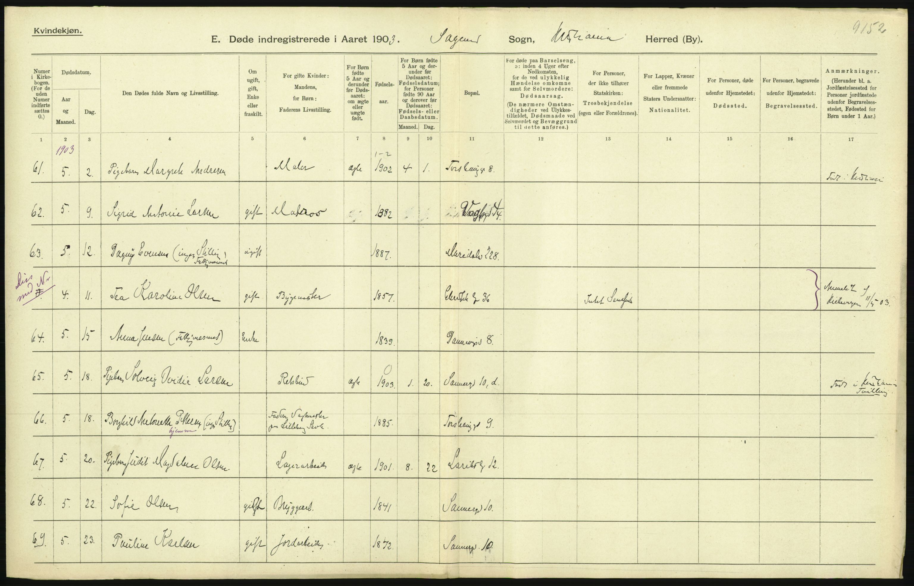 Statistisk sentralbyrå, Sosiodemografiske emner, Befolkning, AV/RA-S-2228/D/Df/Dfa/Dfaa/L0004: Kristiania: Gifte, døde, 1903, s. 85