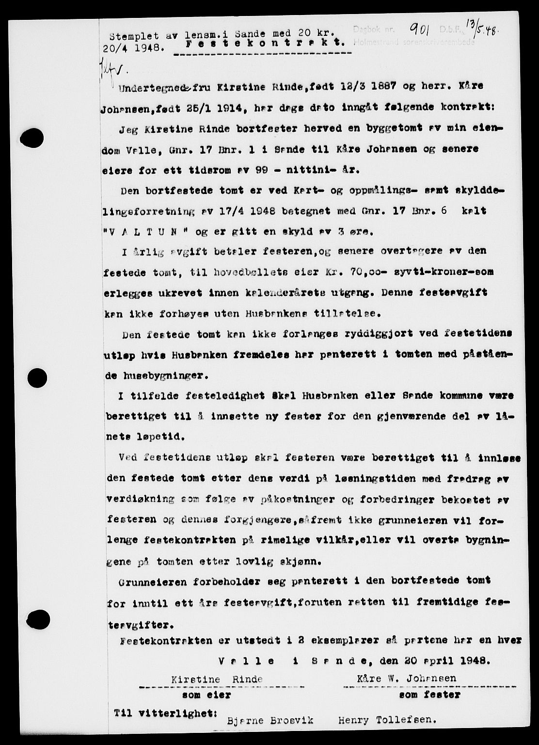 Holmestrand sorenskriveri, SAKO/A-67/G/Ga/Gaa/L0064: Pantebok nr. A-64, 1948-1948, Dagboknr: 901/1948