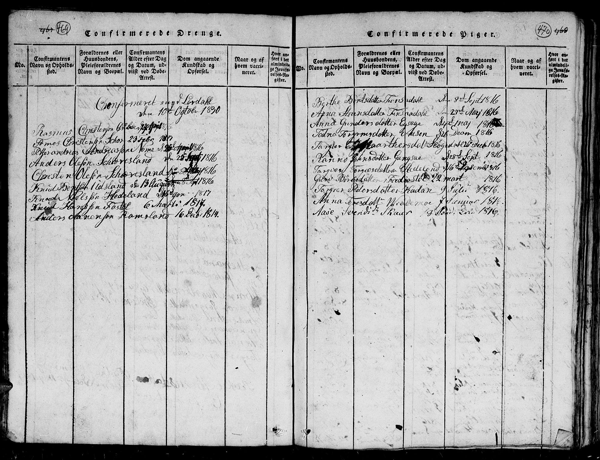 Holum sokneprestkontor, SAK/1111-0022/F/Fb/Fbc/L0001: Klokkerbok nr. B 1, 1820-1859, s. 469-470