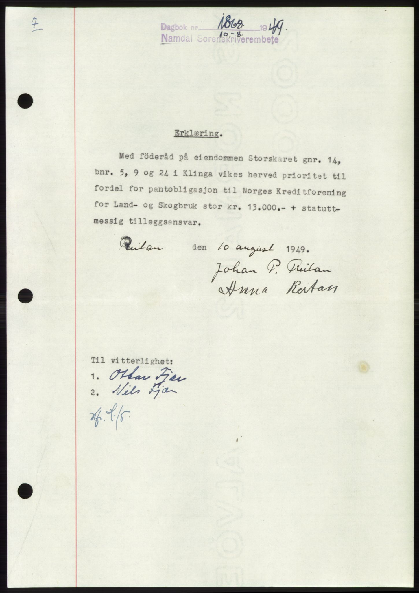 Namdal sorenskriveri, SAT/A-4133/1/2/2C: Pantebok nr. -, 1949-1949, Dagboknr: 1868/1949