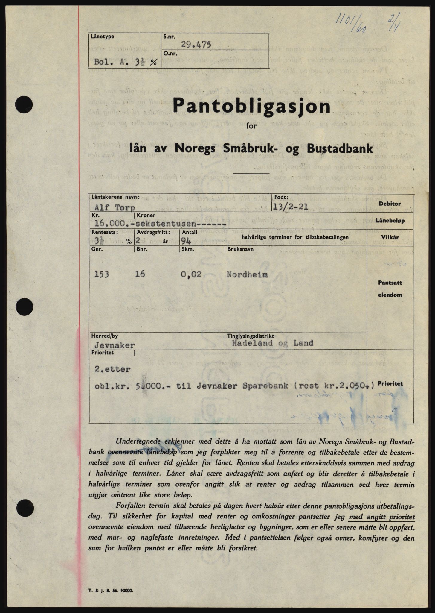 Hadeland og Land tingrett, SAH/TING-010/H/Hb/Hbc/L0042: Pantebok nr. B42, 1959-1960, Dagboknr: 1101/1960