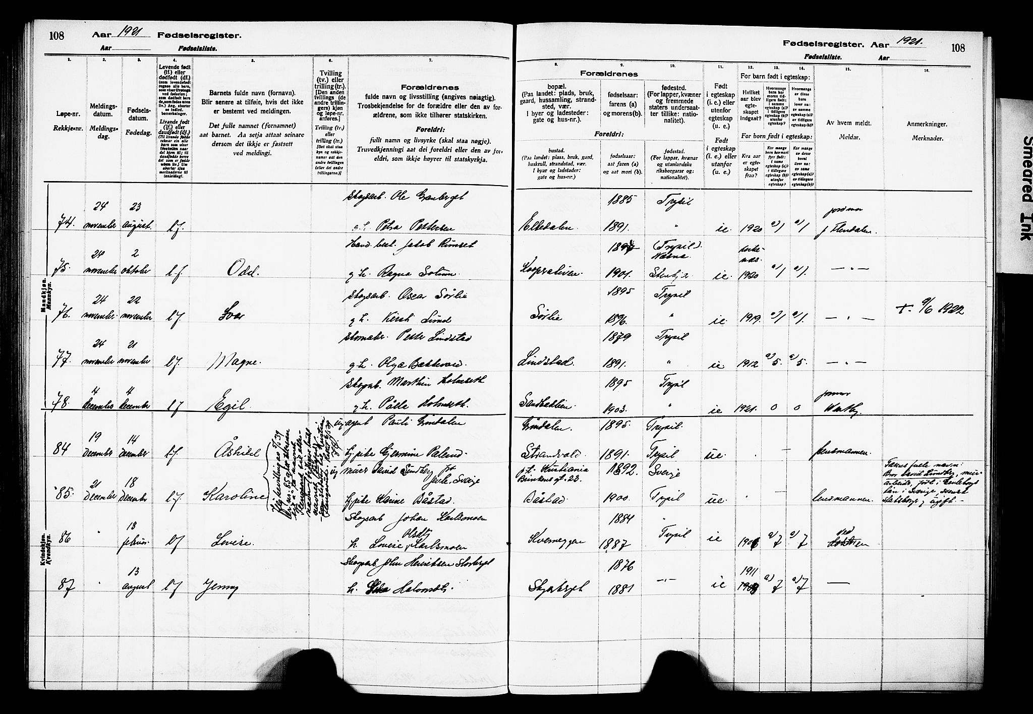 Trysil prestekontor, AV/SAH-PREST-046/I/Id/Ida/L0001: Fødselsregister nr. I 1, 1916-1927, s. 108