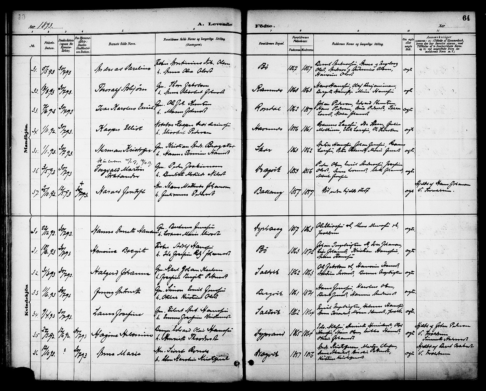 Ministerialprotokoller, klokkerbøker og fødselsregistre - Nordland, AV/SAT-A-1459/863/L0898: Ministerialbok nr. 863A10, 1886-1897, s. 64