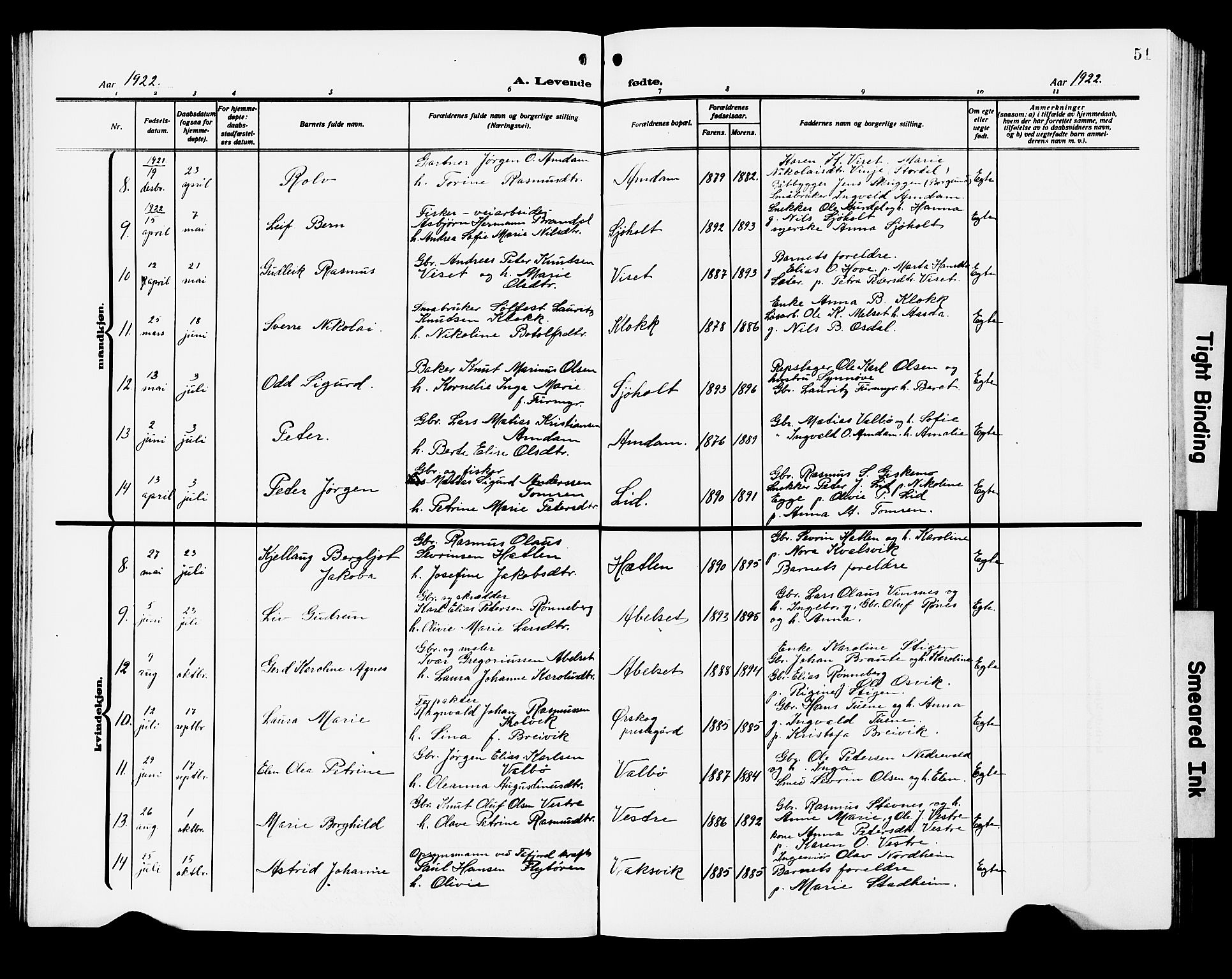 Ministerialprotokoller, klokkerbøker og fødselsregistre - Møre og Romsdal, SAT/A-1454/522/L0328: Klokkerbok nr. 522C07, 1909-1925, s. 51