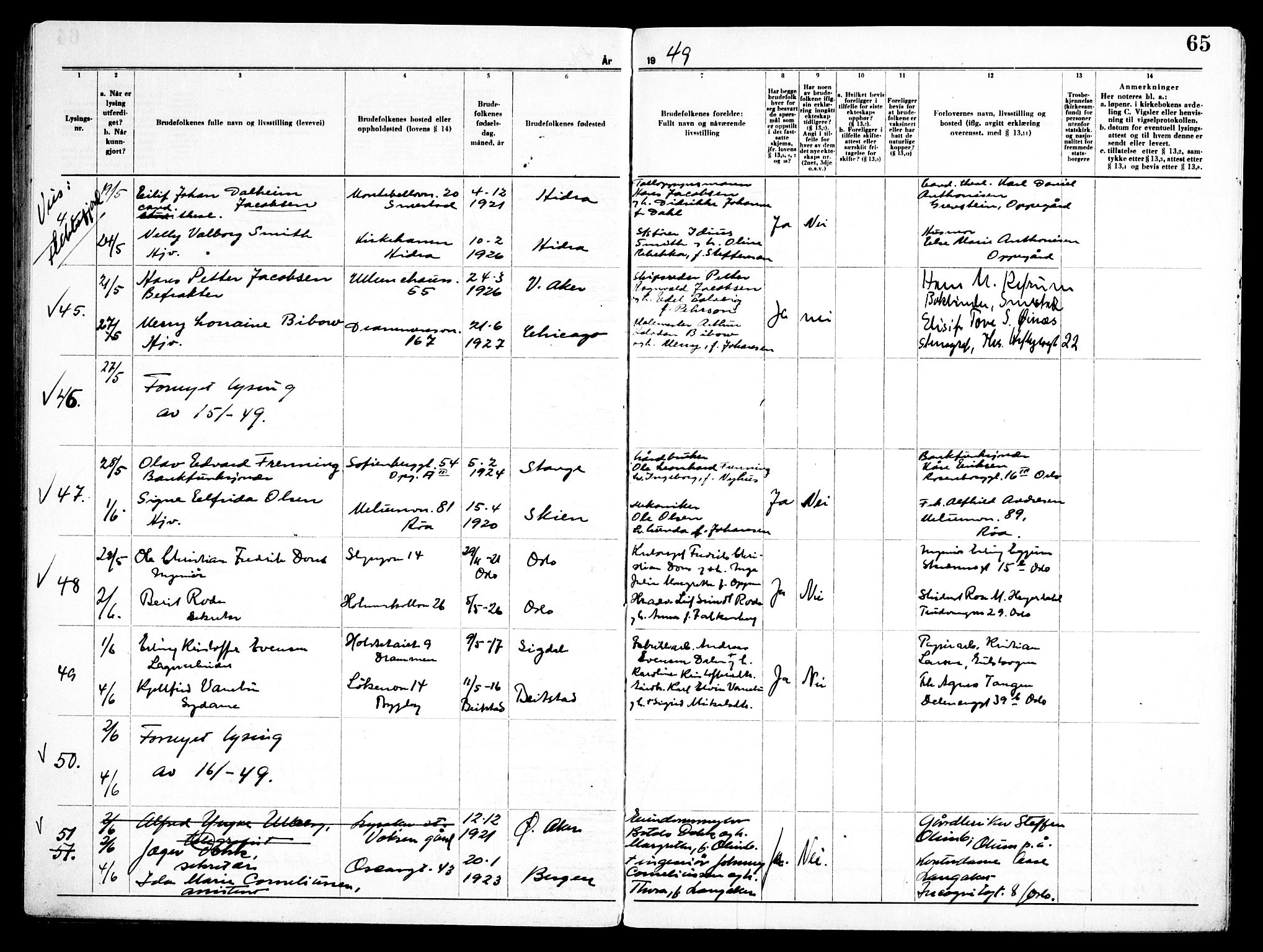 Ullern prestekontor Kirkebøker, AV/SAO-A-10740/H/L0005: Lysningsprotokoll nr. 5, 1946-1951, s. 65