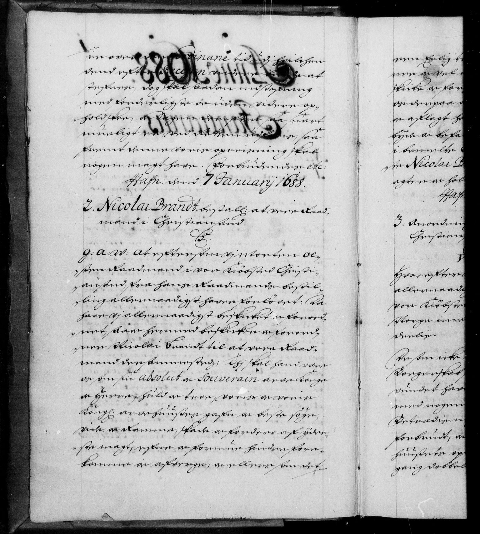 Danske Kanselli 1572-1799, RA/EA-3023/F/Fc/Fca/Fcaa/L0015: Norske registre (mikrofilm), 1688-1691, s. 1b