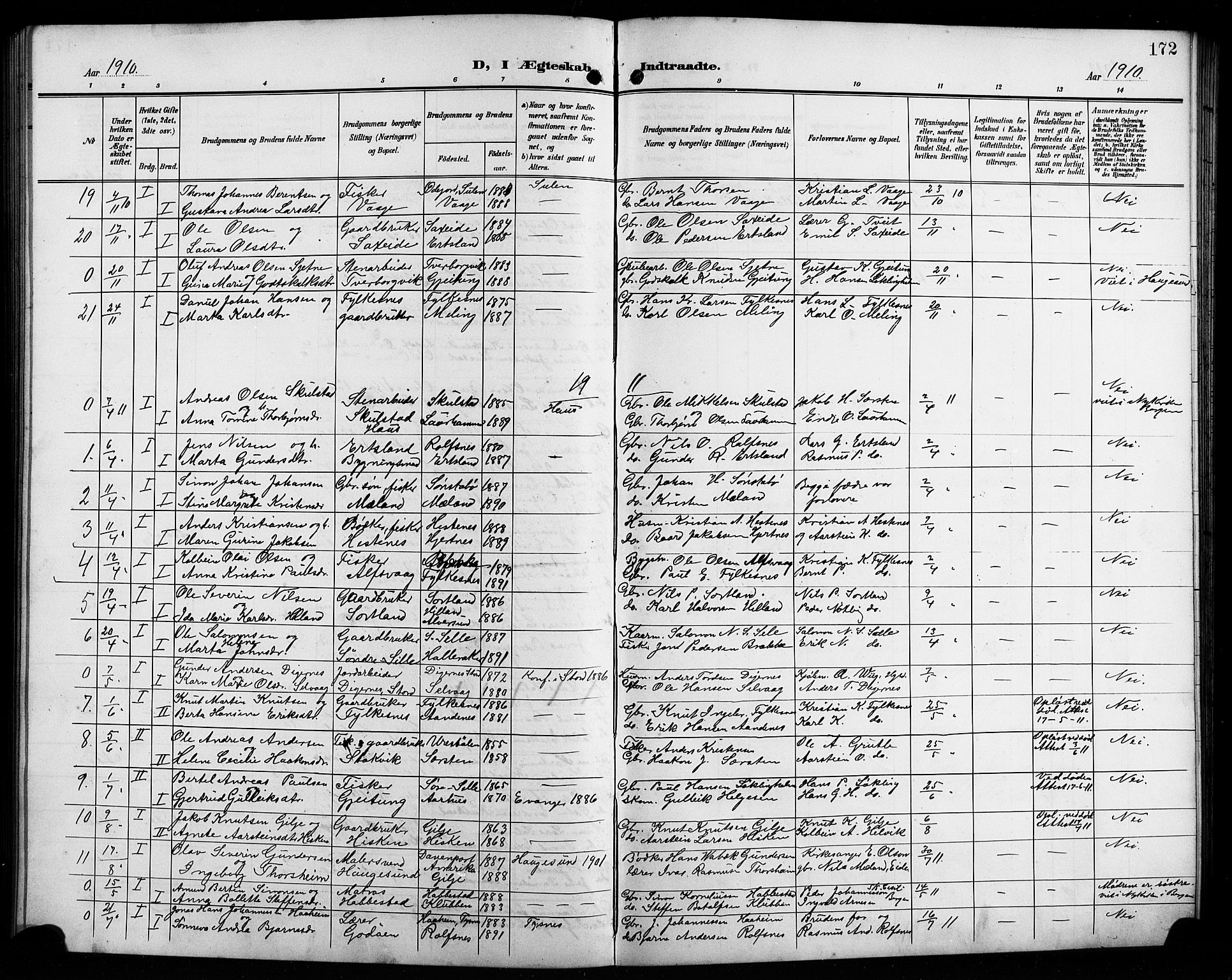 Finnås sokneprestembete, AV/SAB-A-99925/H/Ha/Hab/Habb/L0005: Klokkerbok nr. B 5, 1907-1920, s. 172