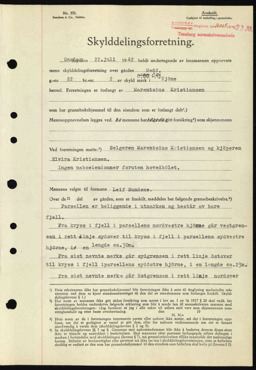 Tønsberg sorenskriveri, AV/SAKO-A-130/G/Ga/Gaa/L0012: Pantebok nr. A12, 1942-1943, Dagboknr: 2065/1942