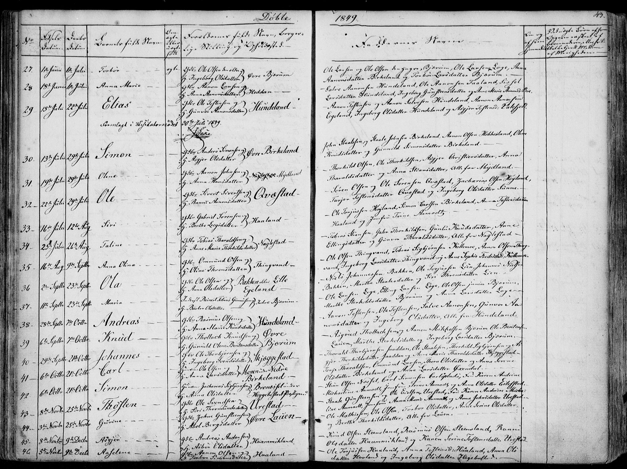 Hægebostad sokneprestkontor, SAK/1111-0024/F/Fa/Faa/L0004: Ministerialbok nr. A 4, 1834-1864, s. 43