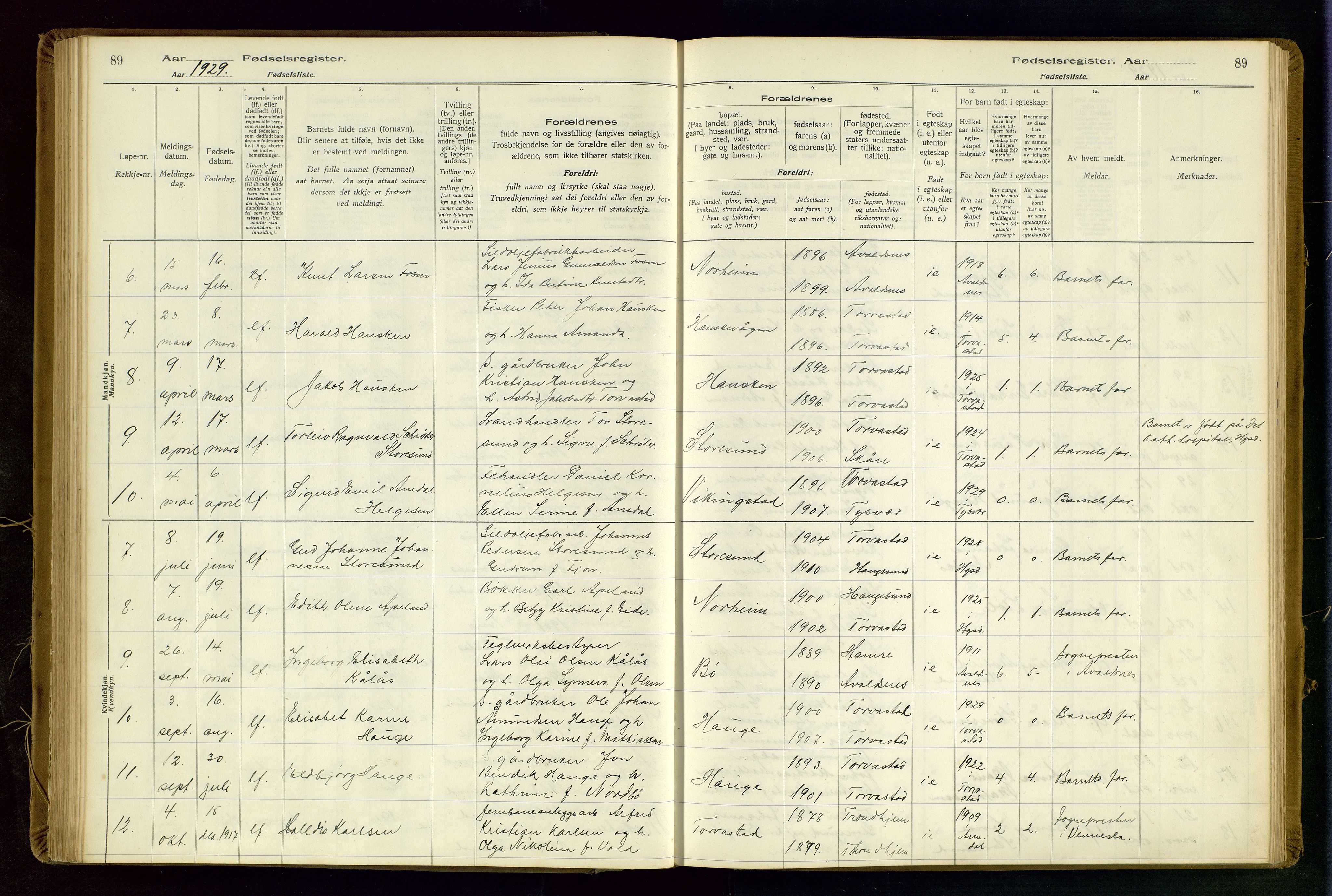 Torvastad sokneprestkontor, AV/SAST-A -101857/I/Id/L0002: Fødselsregister nr. 2, 1916-1950, s. 89