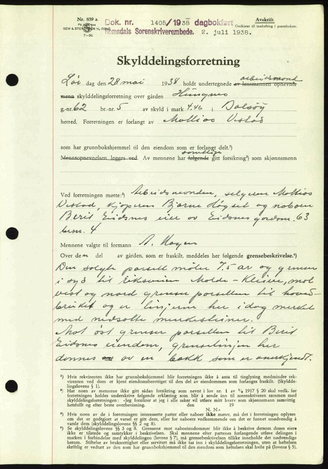 Romsdal sorenskriveri, SAT/A-4149/1/2/2C: Pantebok nr. A5, 1938-1938, Dagboknr: 1405/1938