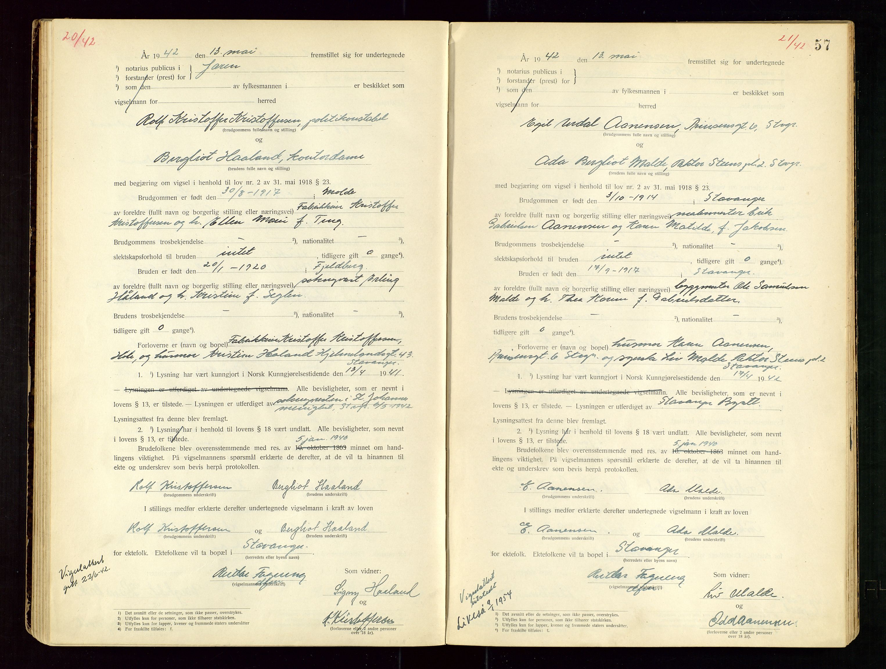 Jæren sorenskriveri, AV/SAST-A-100310/01/6/62/62BA/L0002: VIGSELSPROTOKOLL, 1937-1942, s. 57