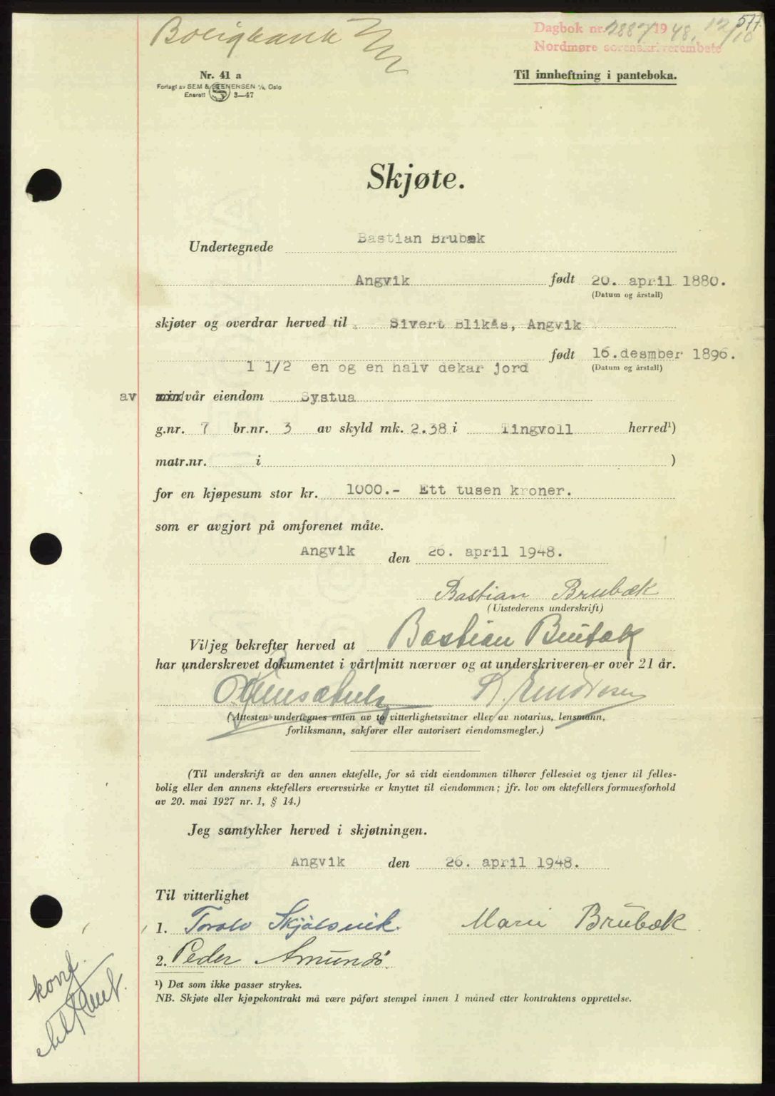 Nordmøre sorenskriveri, AV/SAT-A-4132/1/2/2Ca: Pantebok nr. A109, 1948-1948, Dagboknr: 2887/1948