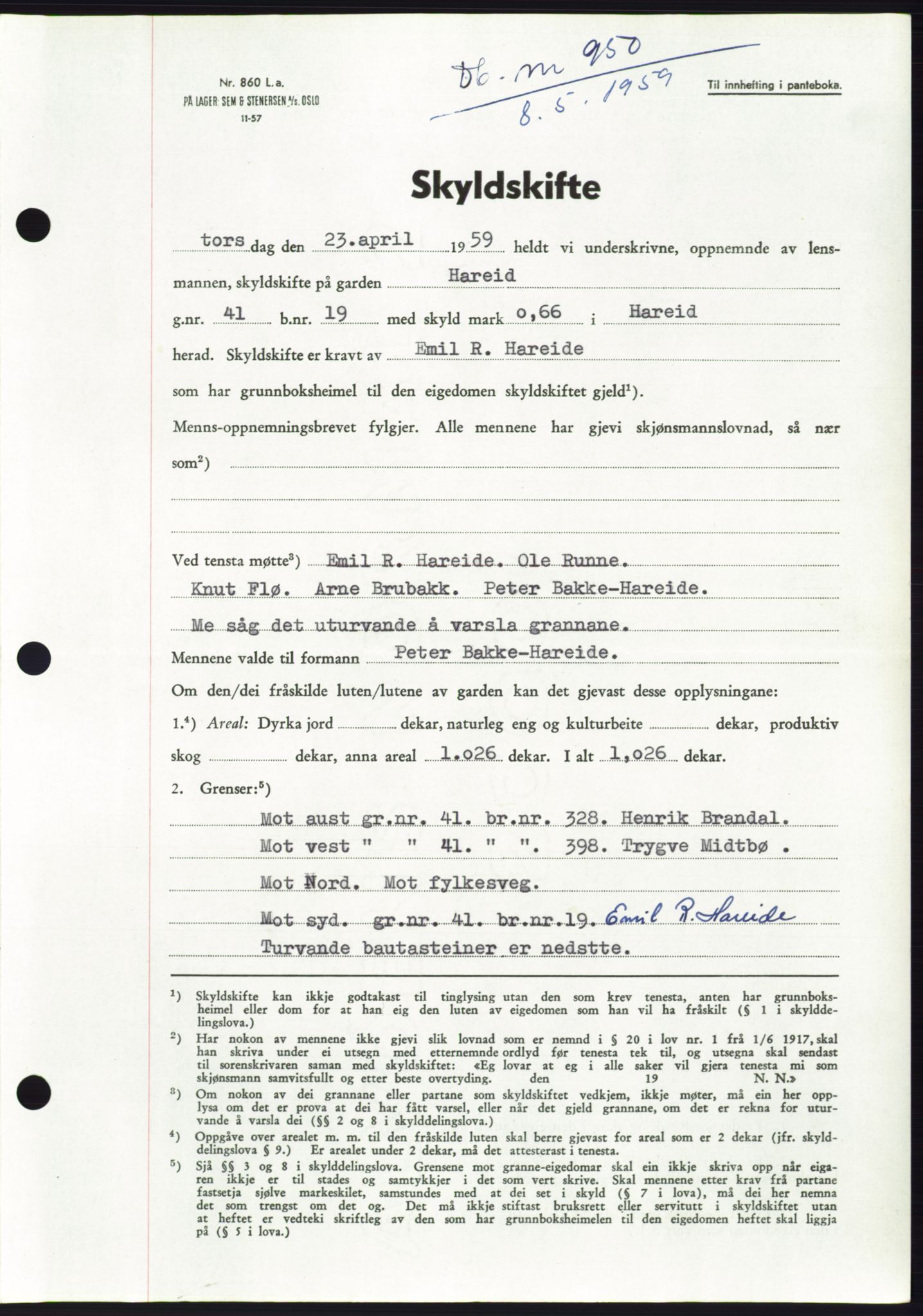 Søre Sunnmøre sorenskriveri, SAT/A-4122/1/2/2C/L0112: Pantebok nr. 38A, 1959-1959, Dagboknr: 950/1959