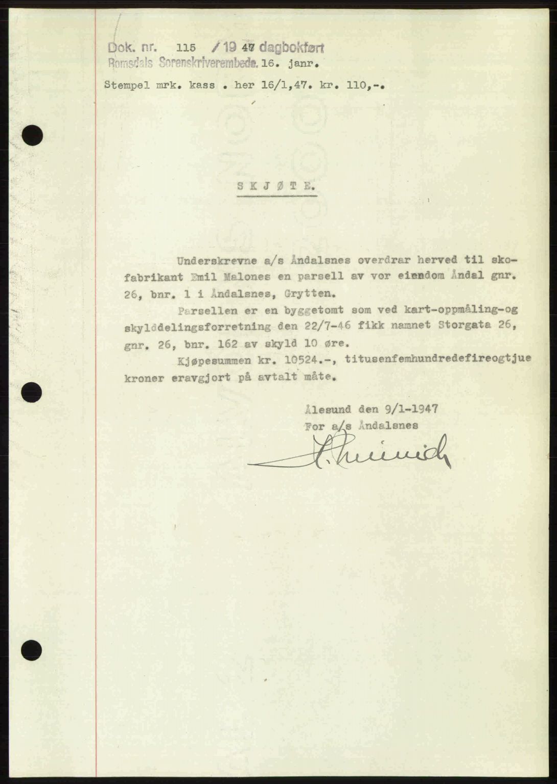 Romsdal sorenskriveri, SAT/A-4149/1/2/2C: Pantebok nr. A22, 1947-1947, Dagboknr: 115/1947