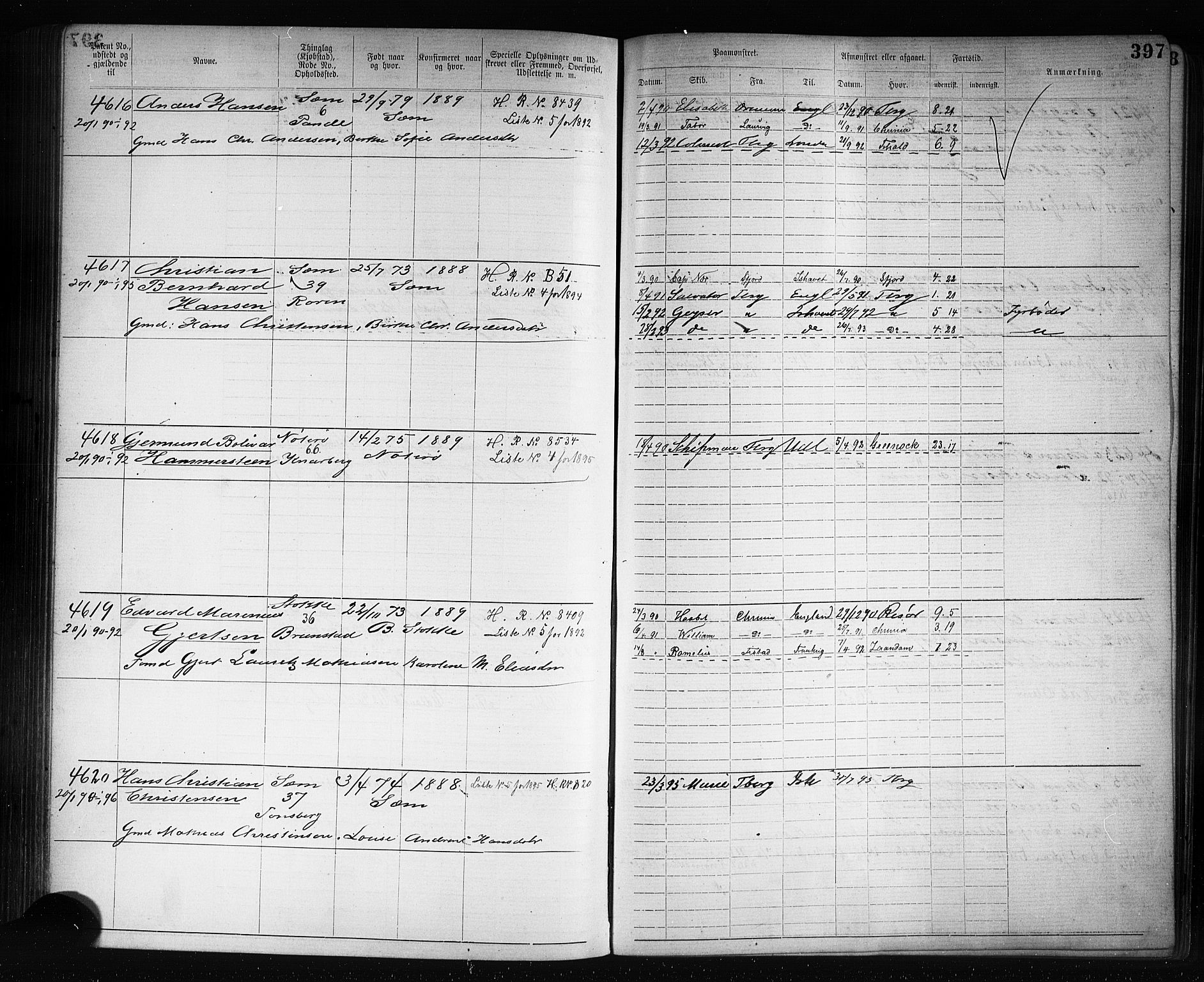 Tønsberg innrulleringskontor, AV/SAKO-A-786/F/Fb/L0007: Annotasjonsrulle Patent nr. 2636-5150, 1881-1892, s. 398