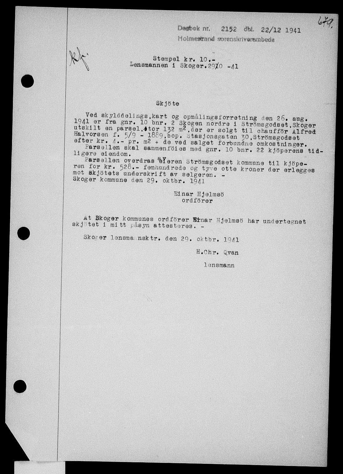 Holmestrand sorenskriveri, SAKO/A-67/G/Ga/Gaa/L0054: Pantebok nr. A-54, 1941-1942, Dagboknr: 2152/1941