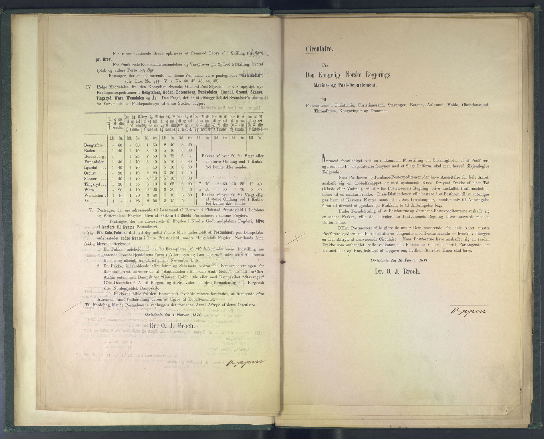 Norges Postmuseums bibliotek, NOPO/-/-/-: Sirkulærer fra Den Kongelige Norske Regjerings Marine- og Postdepartement, 1871