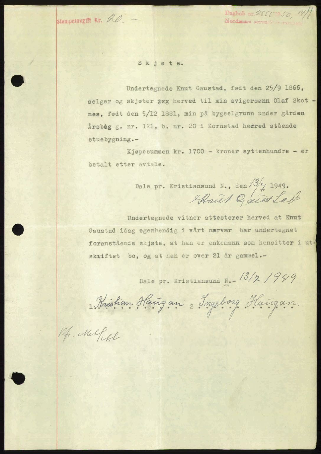 Nordmøre sorenskriveri, AV/SAT-A-4132/1/2/2Ca: Pantebok nr. A116, 1950-1950, Dagboknr: 2555/1950