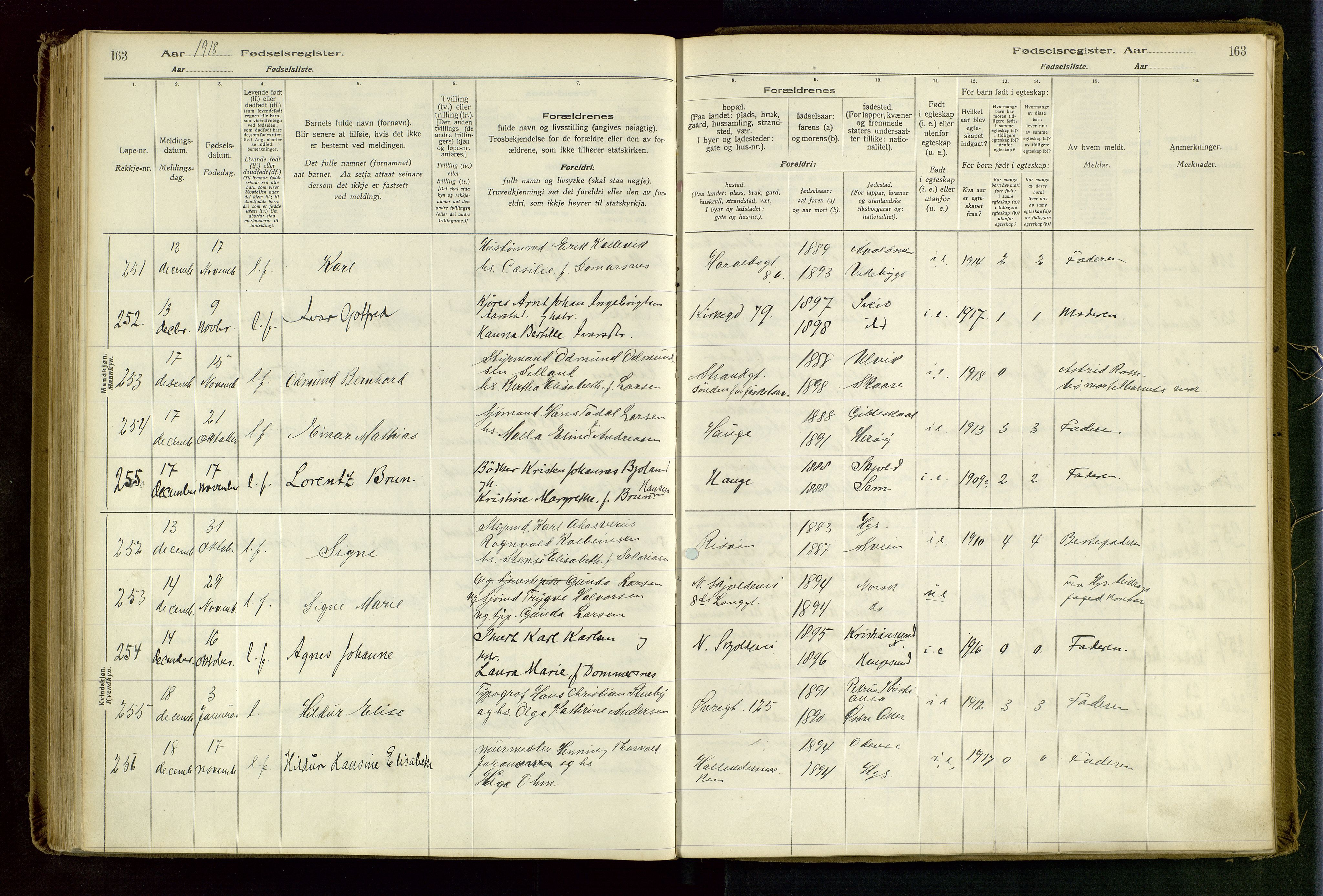 Haugesund sokneprestkontor, SAST/A -101863/I/Id/L0003: Fødselsregister nr. 1, 1916-1919, s. 163