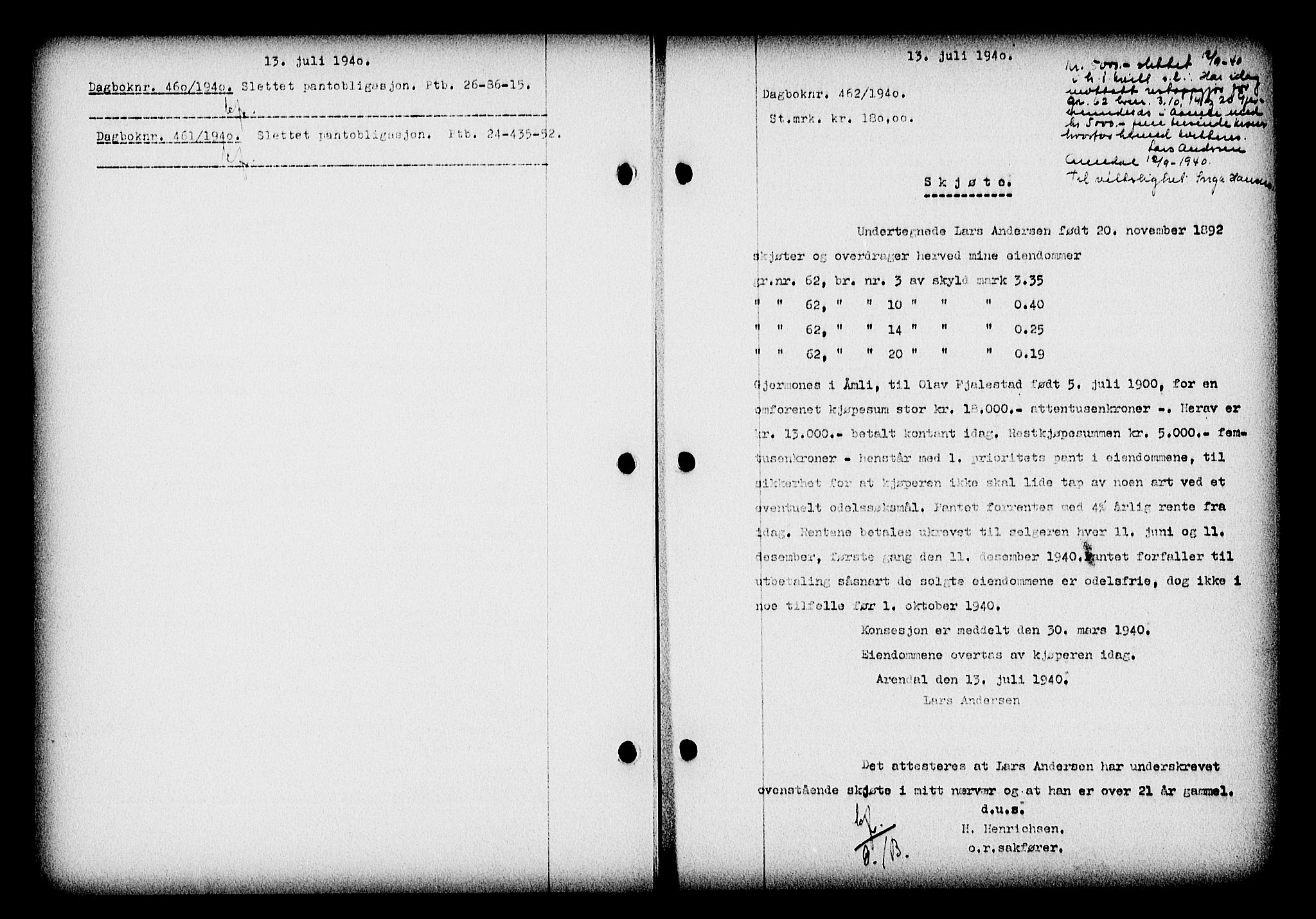 Nedenes sorenskriveri, AV/SAK-1221-0006/G/Gb/Gba/L0047: Pantebok nr. A-I, 1939-1940, Dagboknr: 462/1940