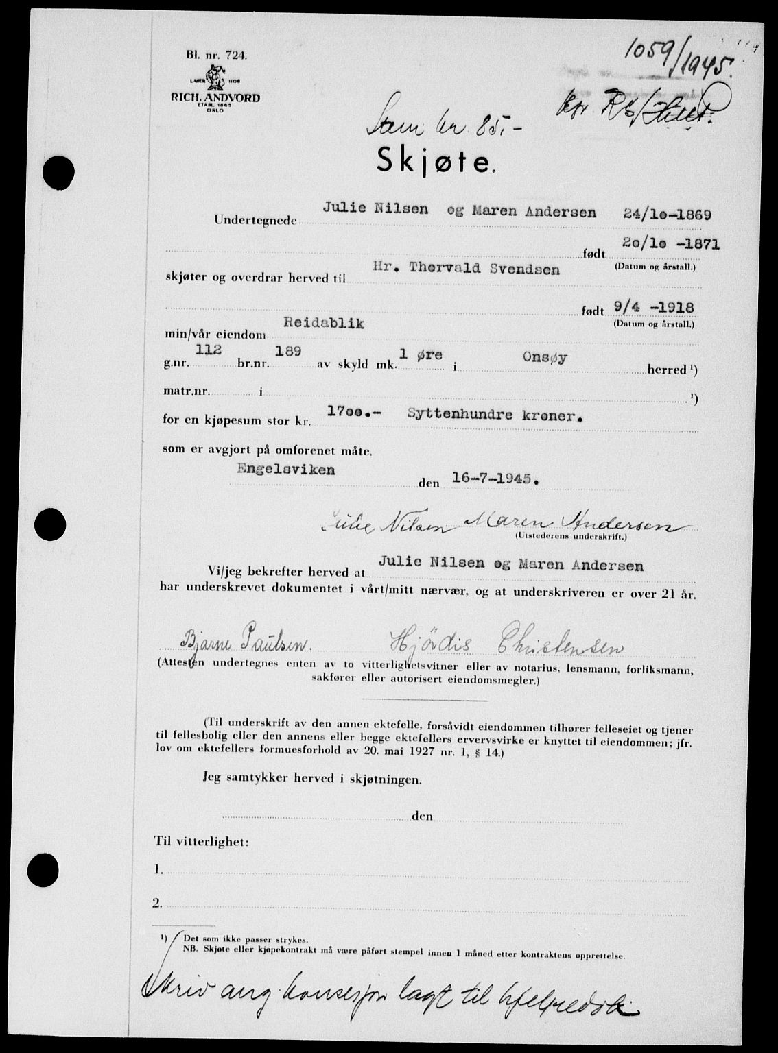 Onsøy sorenskriveri, SAO/A-10474/G/Ga/Gab/L0014: Pantebok nr. II A-14, 1944-1945, Dagboknr: 1059/1945
