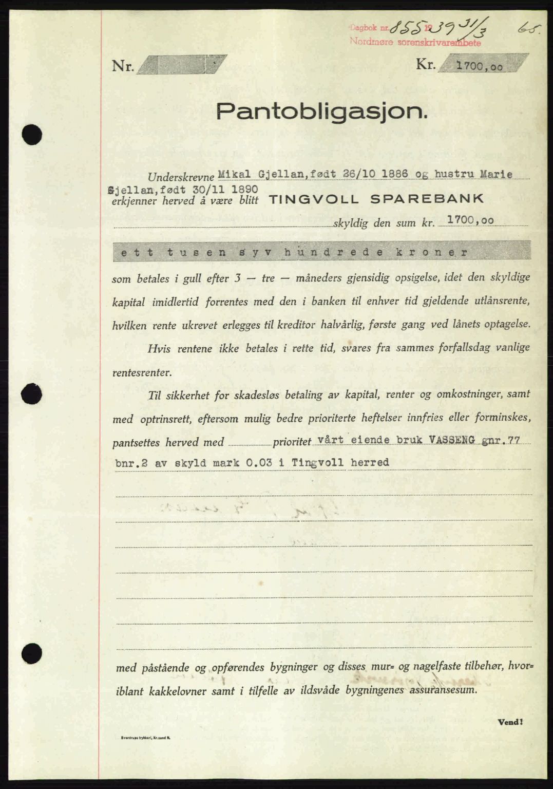 Nordmøre sorenskriveri, AV/SAT-A-4132/1/2/2Ca: Pantebok nr. B85, 1939-1939, Dagboknr: 855/1939