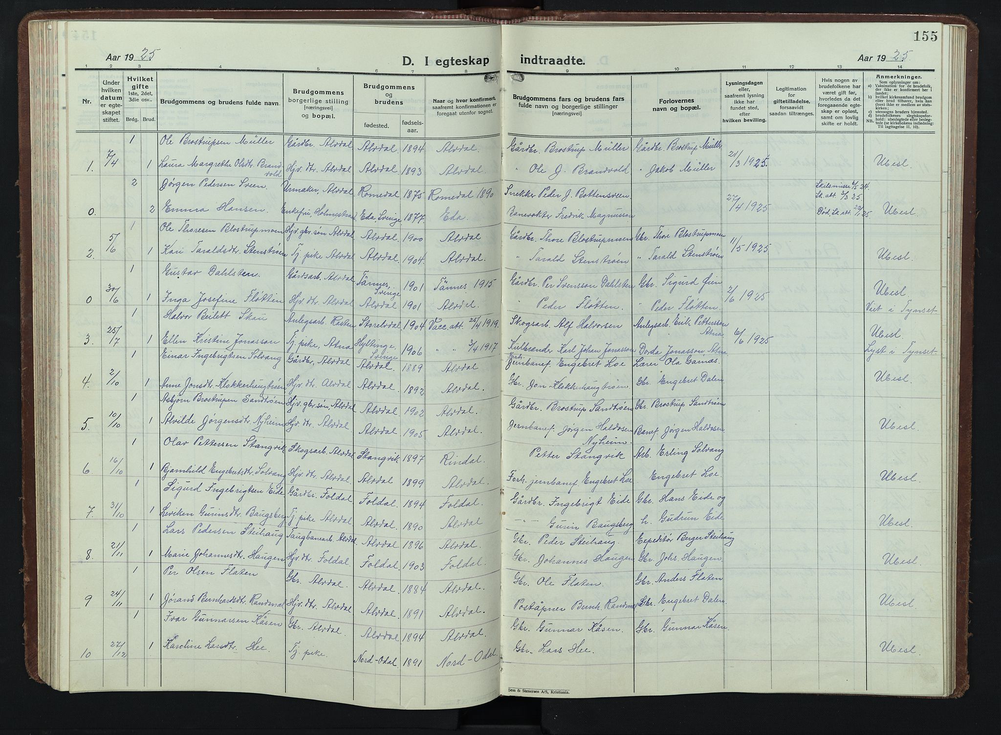 Alvdal prestekontor, AV/SAH-PREST-060/H/Ha/Hab/L0007: Klokkerbok nr. 7, 1924-1945, s. 155