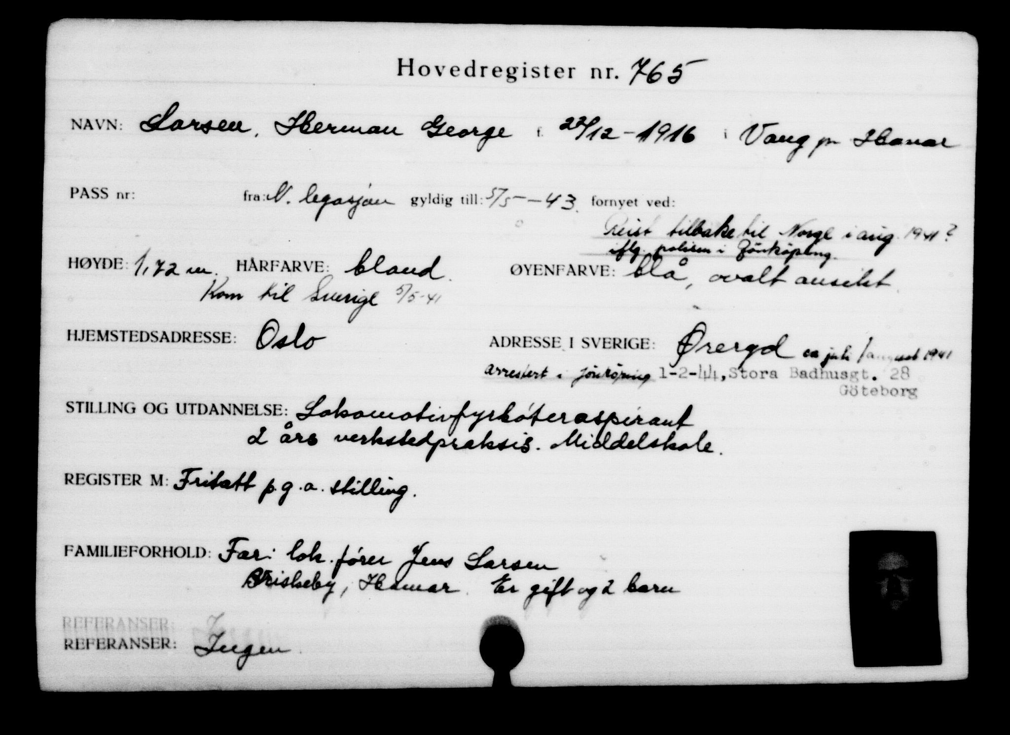 Utenriksstasjonene, Legasjonen i Stockholm, Flyktningkontoret, AV/RA-S-6753/V/Va/L0001: Kjesäterkartoteket, flyktninger med registreringsnr. 1-1000, 1940-1945, s. 1208