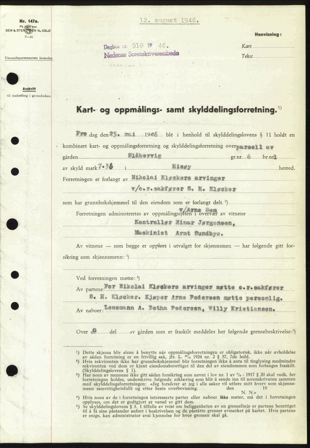 Nedenes sorenskriveri, SAK/1221-0006/G/Gb/Gba/L0055: Pantebok nr. A7, 1946-1946, Dagboknr: 918/1946