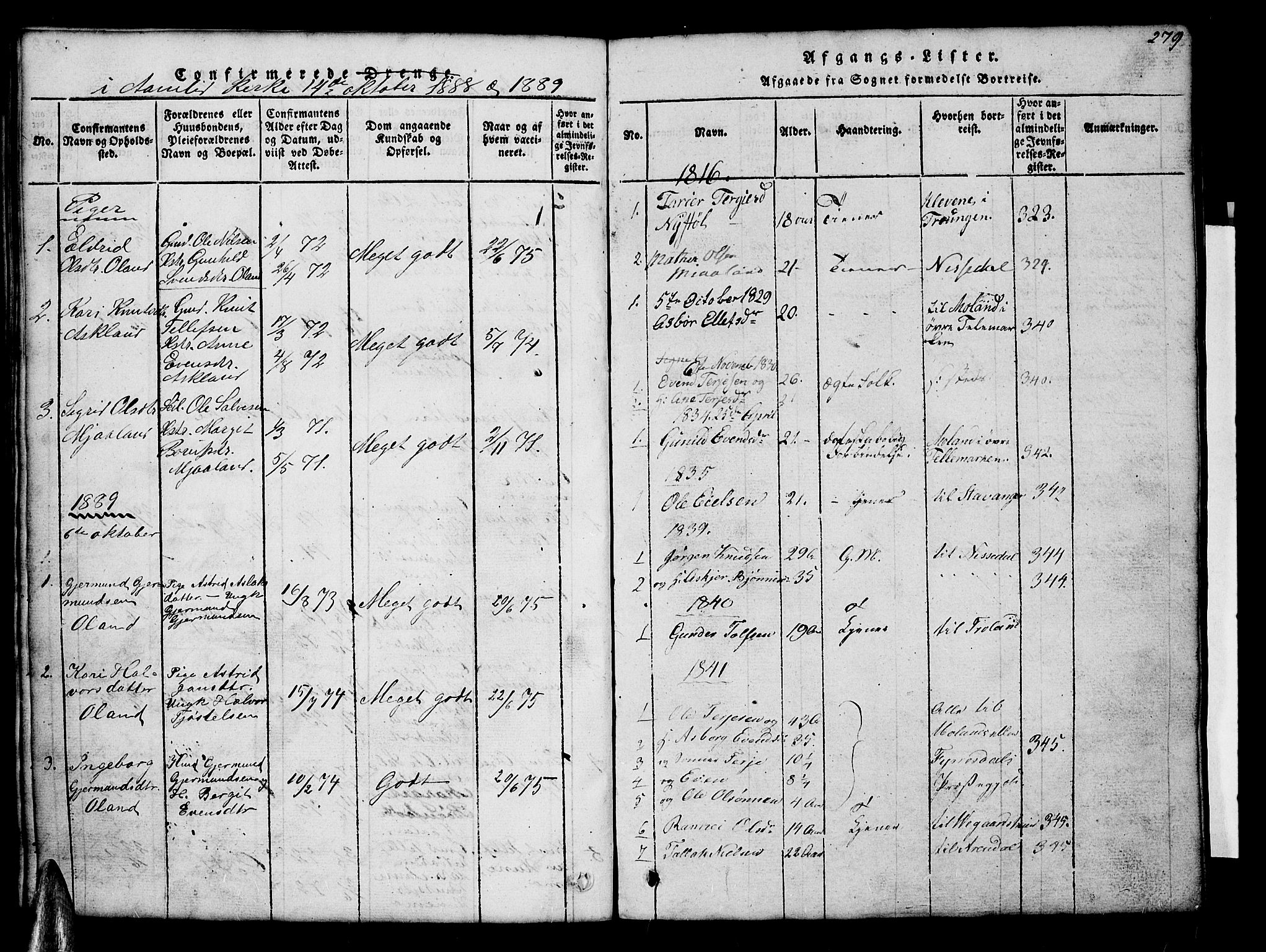 Åmli sokneprestkontor, AV/SAK-1111-0050/F/Fb/Fba/L0001: Klokkerbok nr. B 1, 1816-1890, s. 279