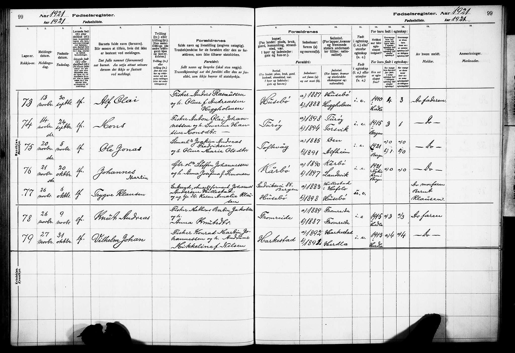 Herdla Sokneprestembete, AV/SAB-A-75701/I/Id/L00A1: Fødselsregister nr. A 1, 1916-1929, s. 99
