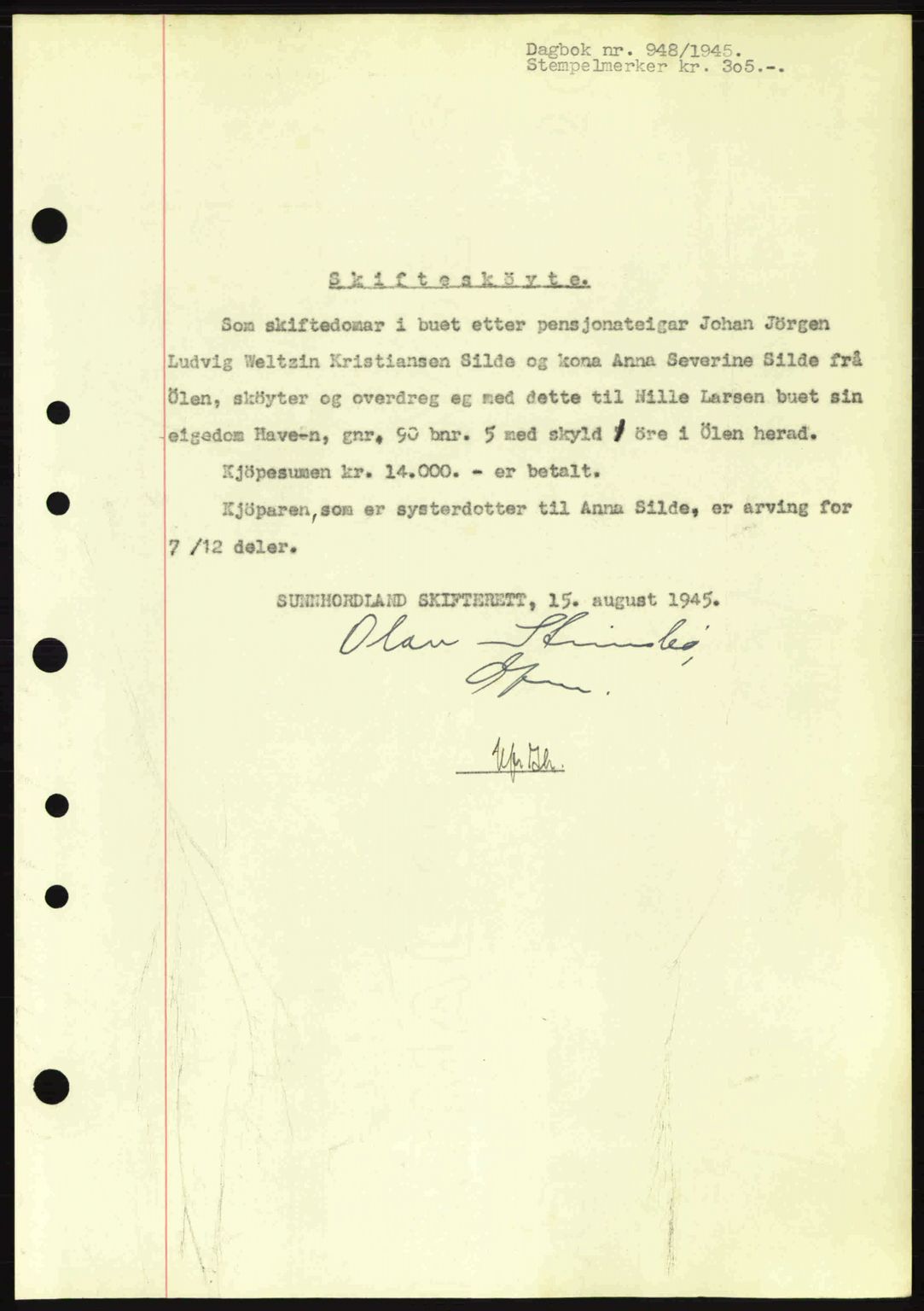 Sunnhordland sorenskrivar, AV/SAB-A-2401: Pantebok nr. A77, 1945-1945, Dagboknr: 948/1945