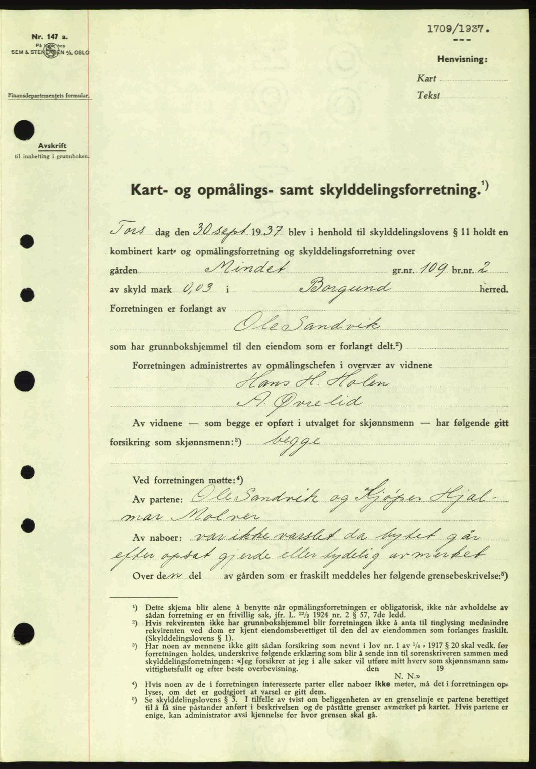 Nordre Sunnmøre sorenskriveri, AV/SAT-A-0006/1/2/2C/2Ca: Pantebok nr. A4, 1937-1938, Dagboknr: 1709/1937