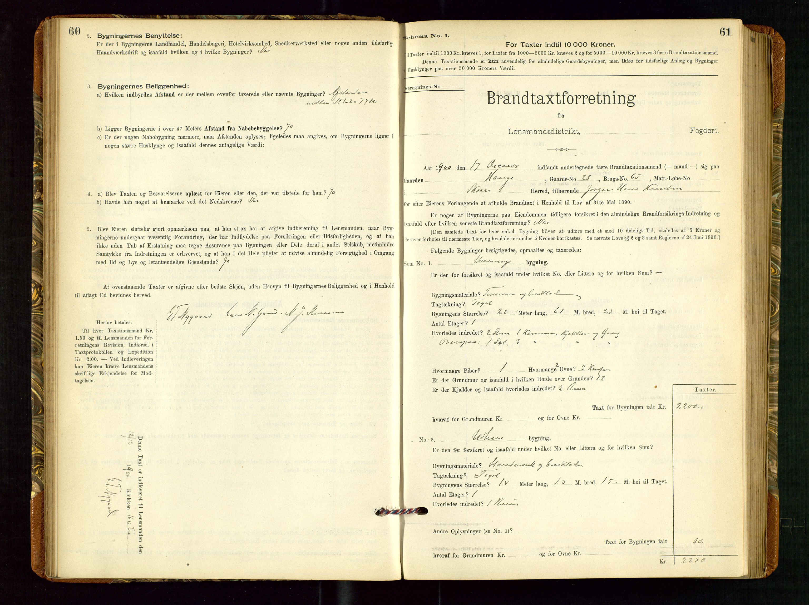 Torvestad lensmannskontor, AV/SAST-A-100307/1/Gob/L0002: "Brandtakstprotokol for Lensmanden i Torvestad", 1900-1905, s. 60-61